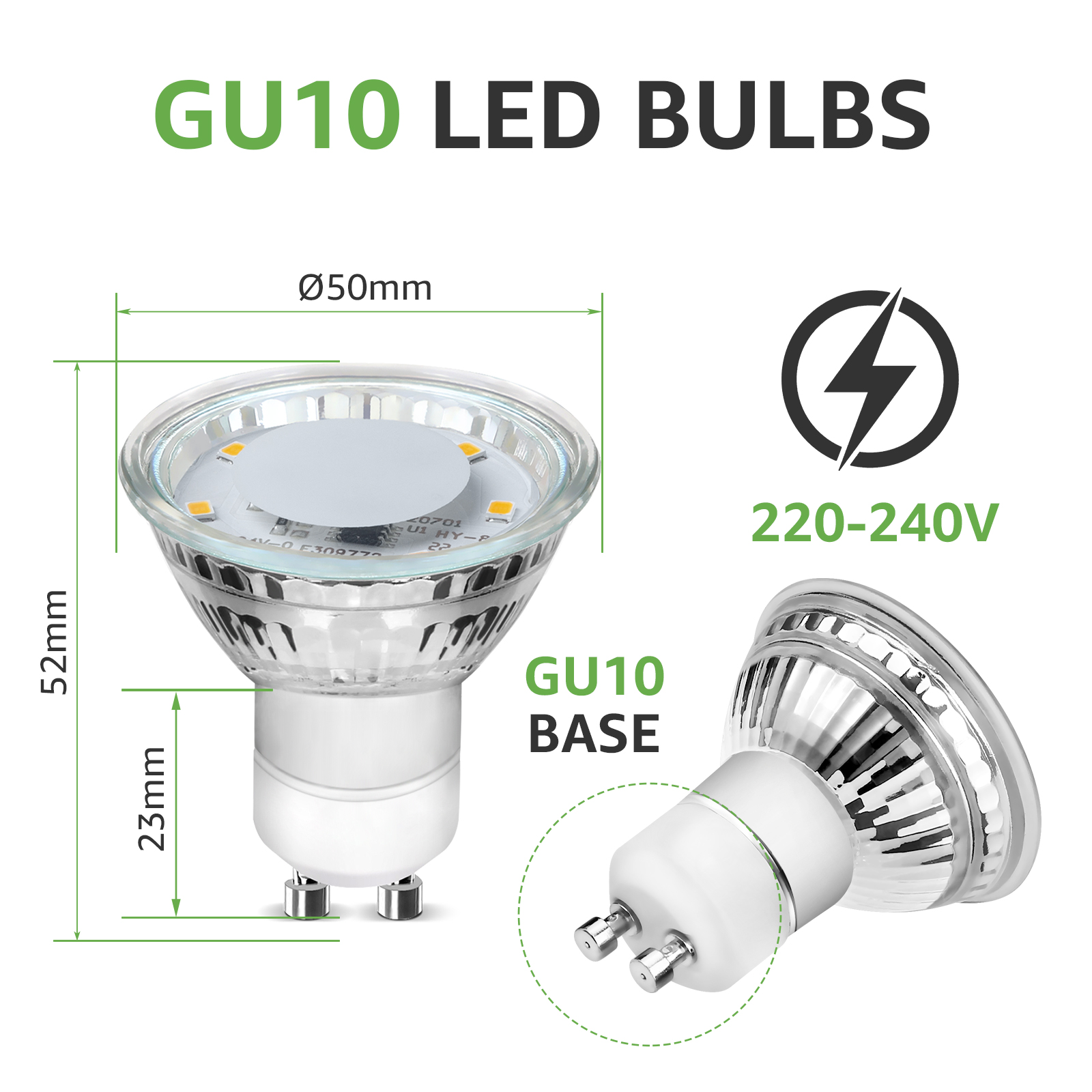 Zwei GU10-LED-Lampen mit Abmessungen und einem Spannungsaufkleber. Eine ist zerlegt dargestellt.