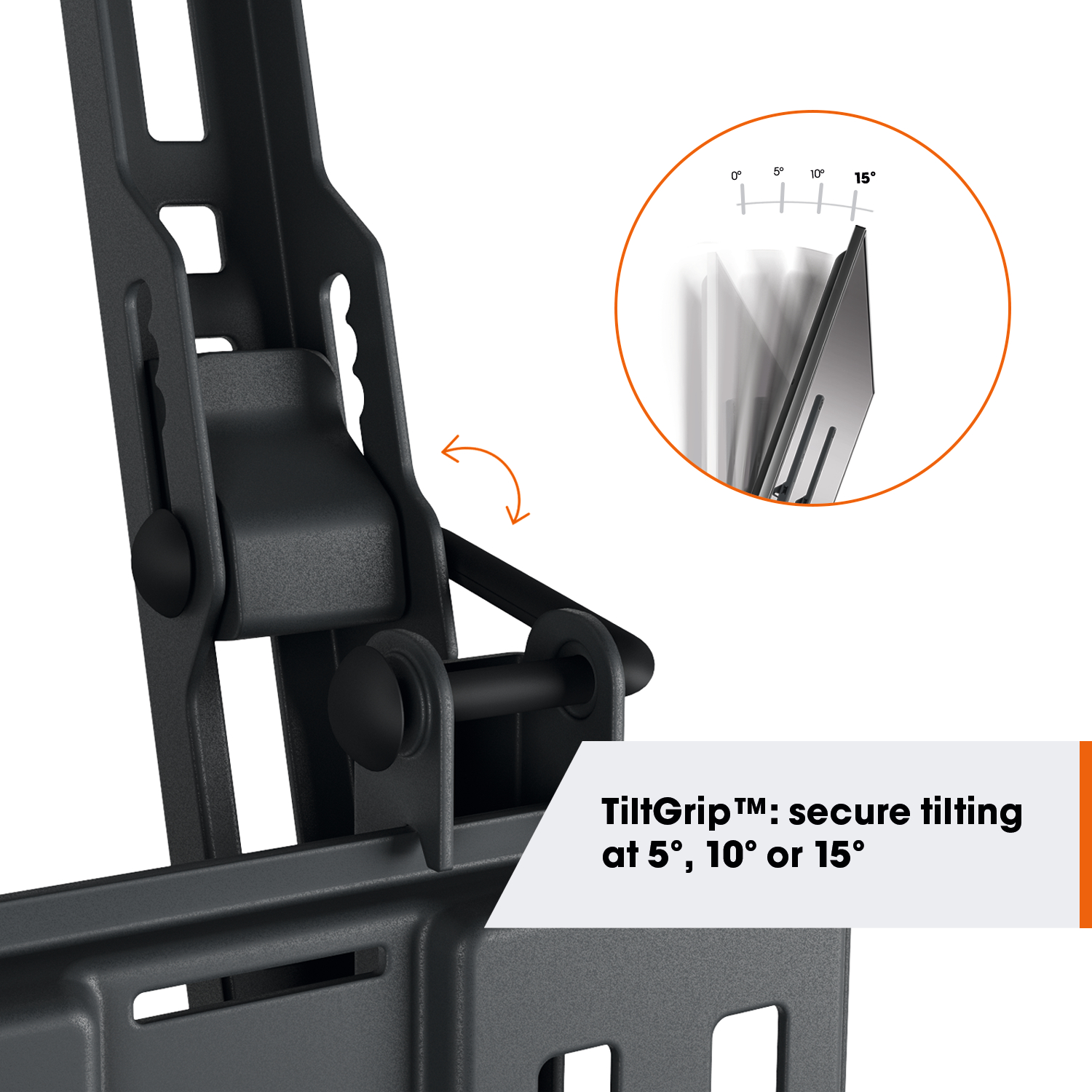 Czarny uchwyt do telewizora z mechanizmem pochylania, pokazujący kąty pochylenia 5, 10 i 15 stopni.