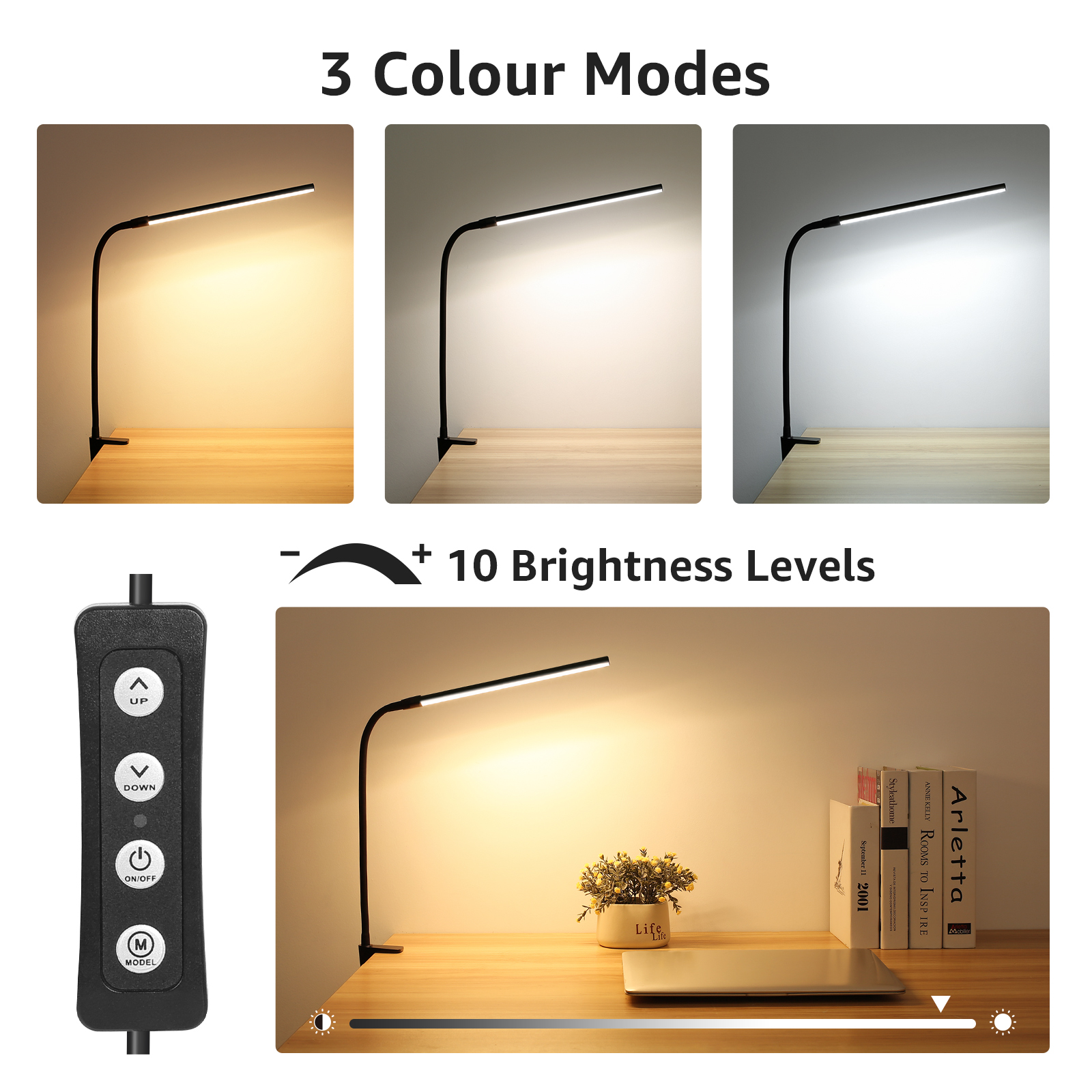Schwarze Schreibtischlampe mit drei Farbmodi und zehn Helligkeitsstufen. Fernbedienung sichtbar.