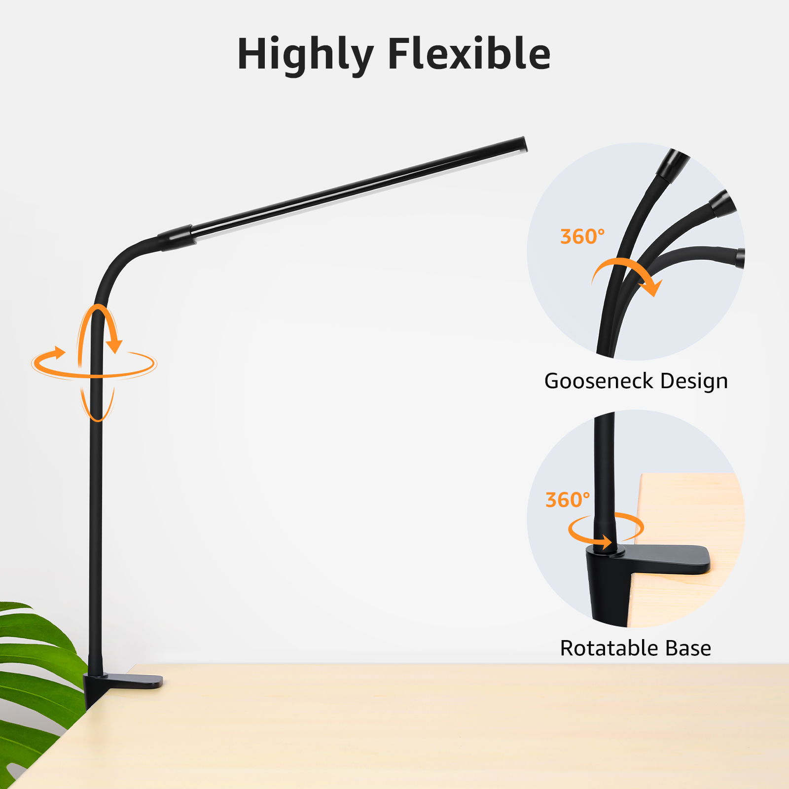 Eine schwarze Schreibtischlampe mit flexiblem Arm. Zeigt 360-Grad-Drehung von Basis und Schwanenhals.