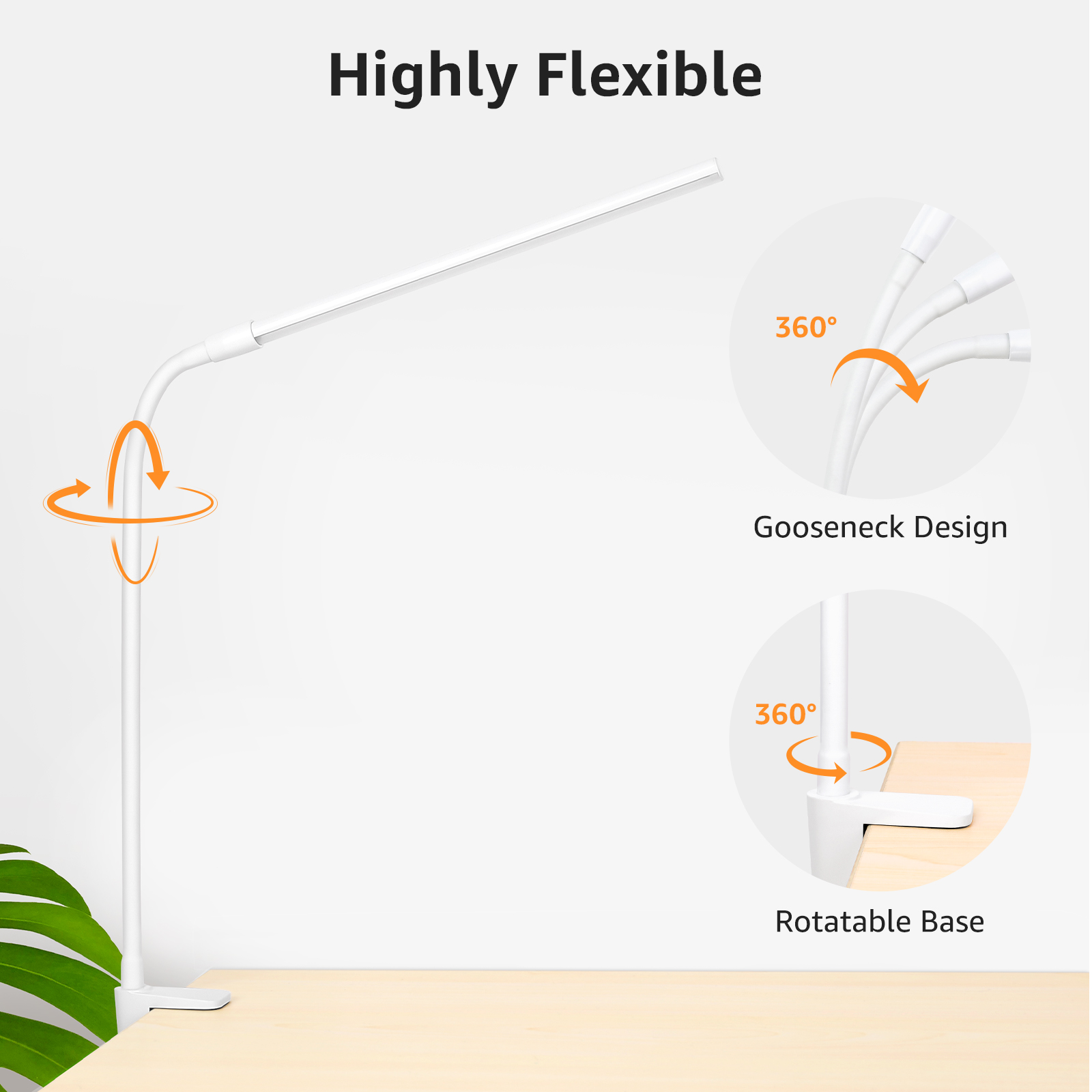 Weiße Schreibtischlampe mit flexiblem Hals und drehbarem Fuß. Pfeile zeigen die Flexibilität. Der Hintergrund ist weiß.