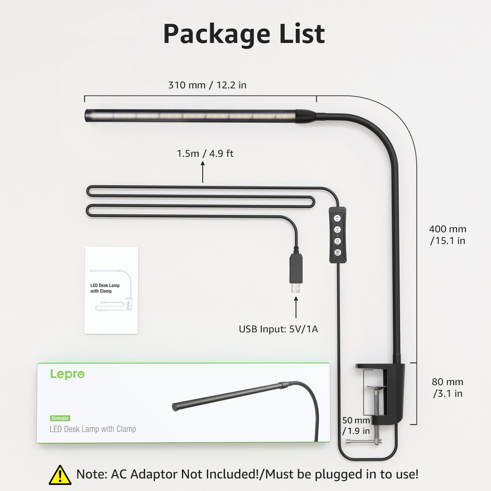 Eine schwarze Schreibtischlampe mit Klemme, Abmessungen und USB-Eingang. Eine Box und ein Diagramm sind ebenfalls gezeigt.