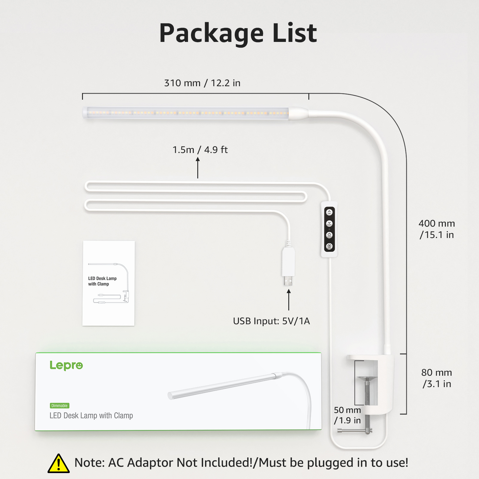 Weiße Schreibtischlampe mit Klemme und USB-Kabel, Produktdetails auf Box.