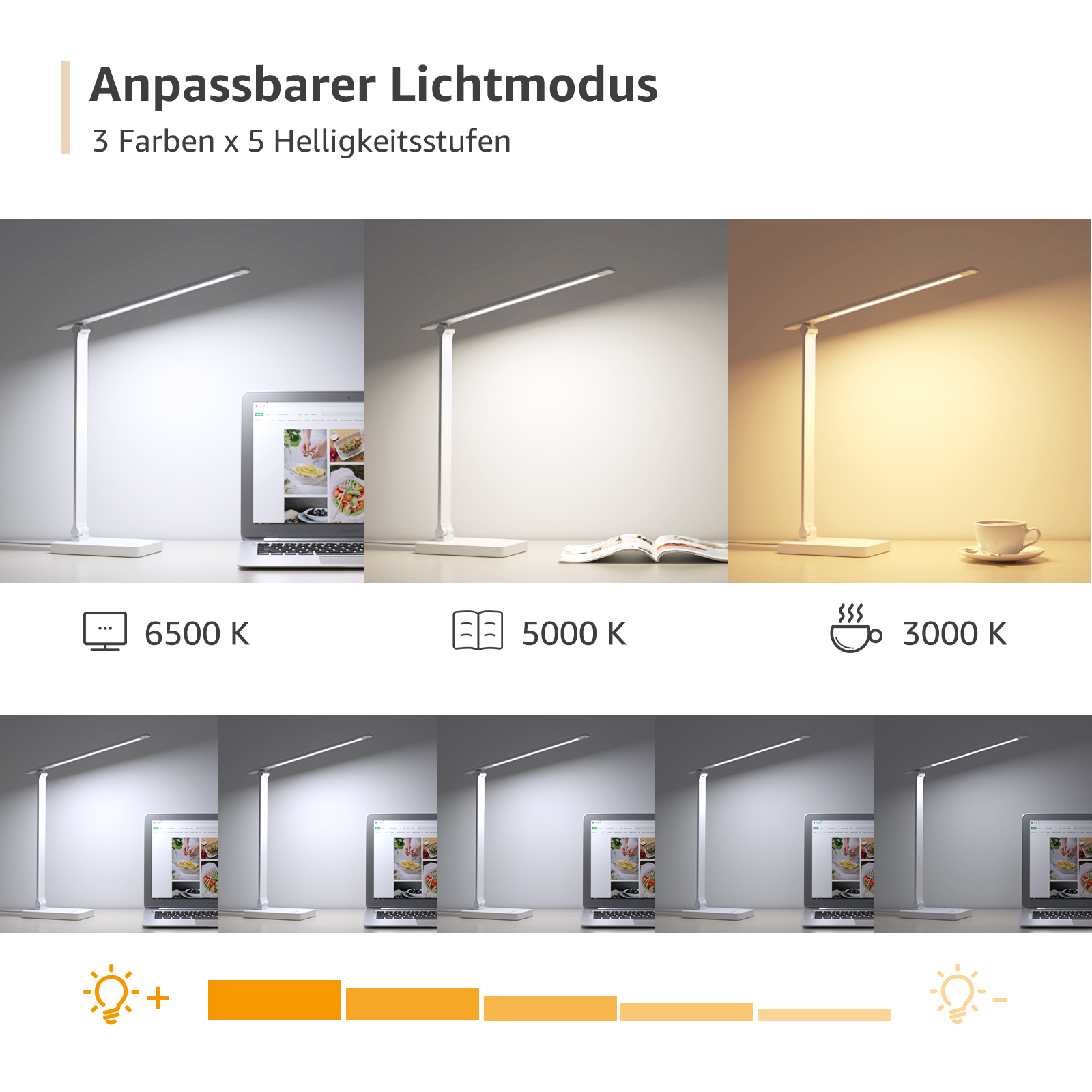 Mehrere weiße Schreibtischlampen mit unterschiedlichen Lichttemperaturen, mit Laptop und Buch.