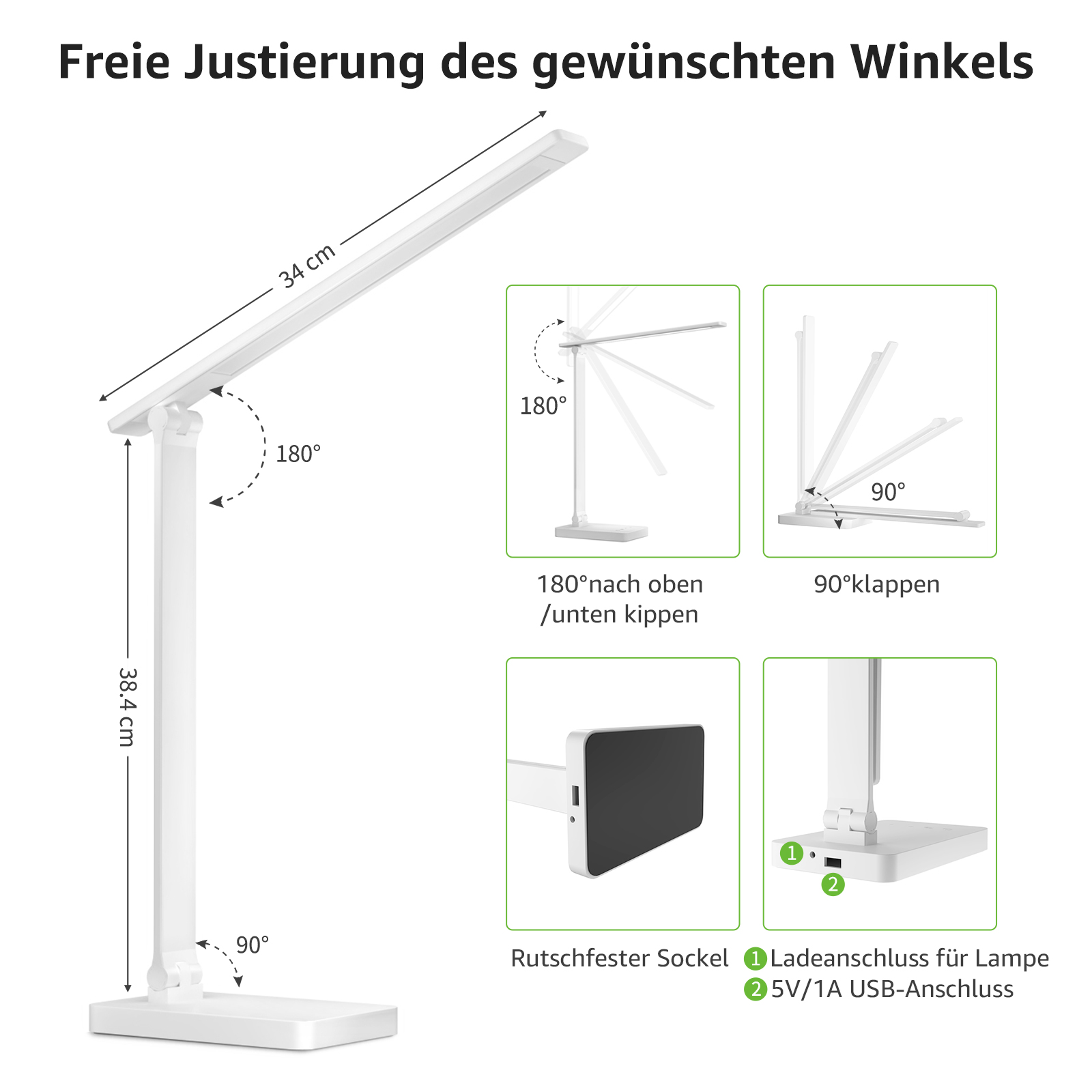 Eine weiße Schreibtischlampe mit Maßangaben. Die Lampe hat einen flexiblen Hals.