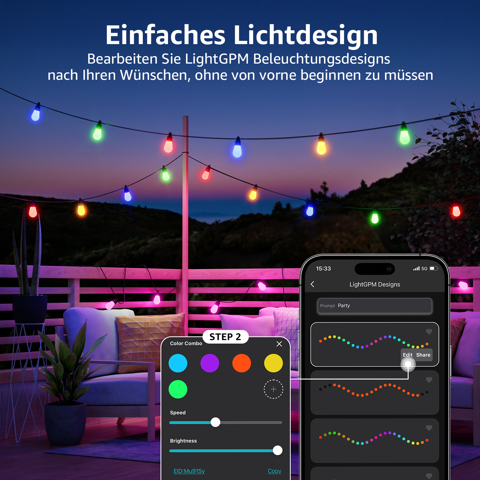 Un sistema di illuminazione intelligente per la casa con luci colorate. Uno smartphone mostra il controllo della luce. Una scena all'aperto di notte.