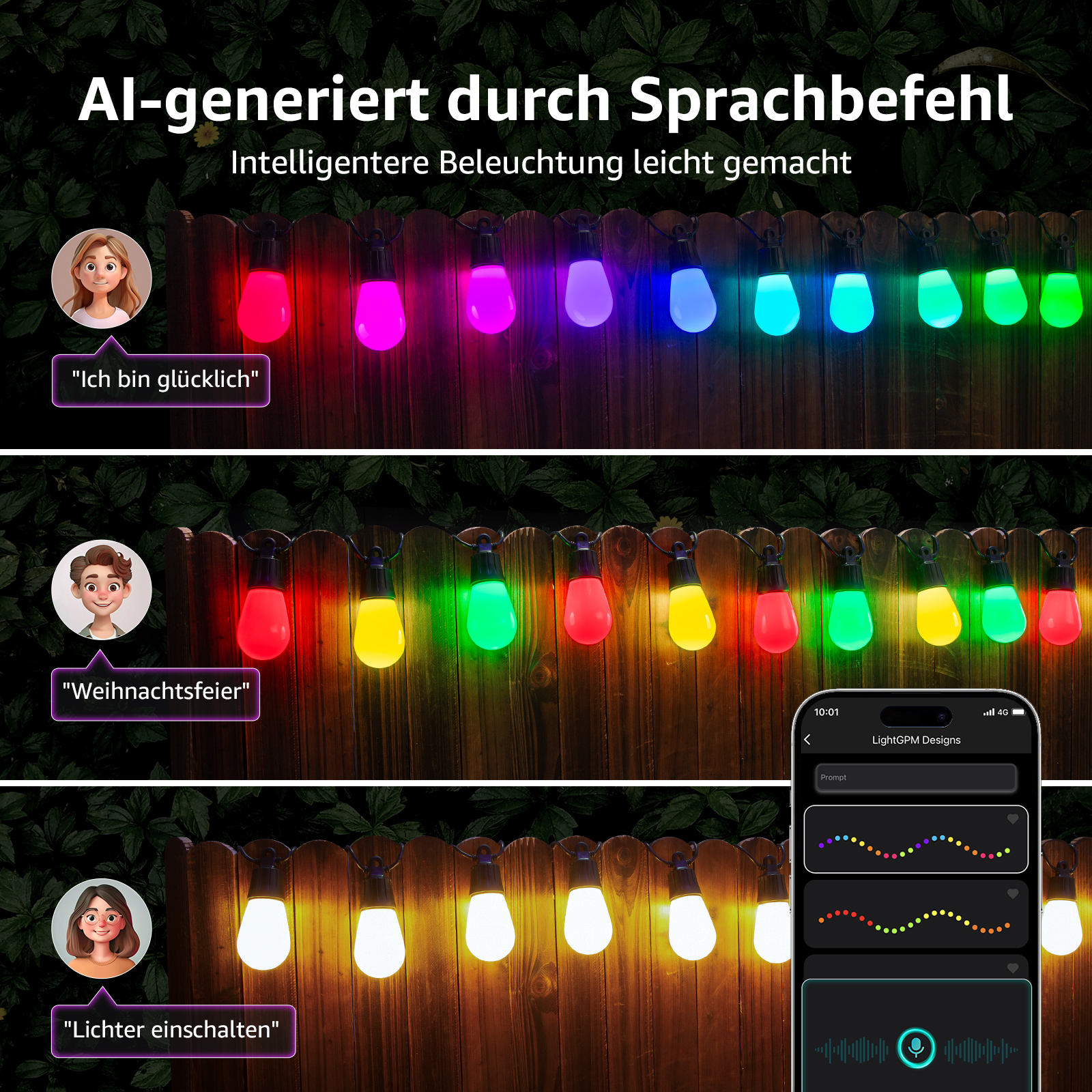 Una serie di luci intelligenti per esterni con un telefono cellulare che mostra opzioni di controllo e istruzioni per l'uso.