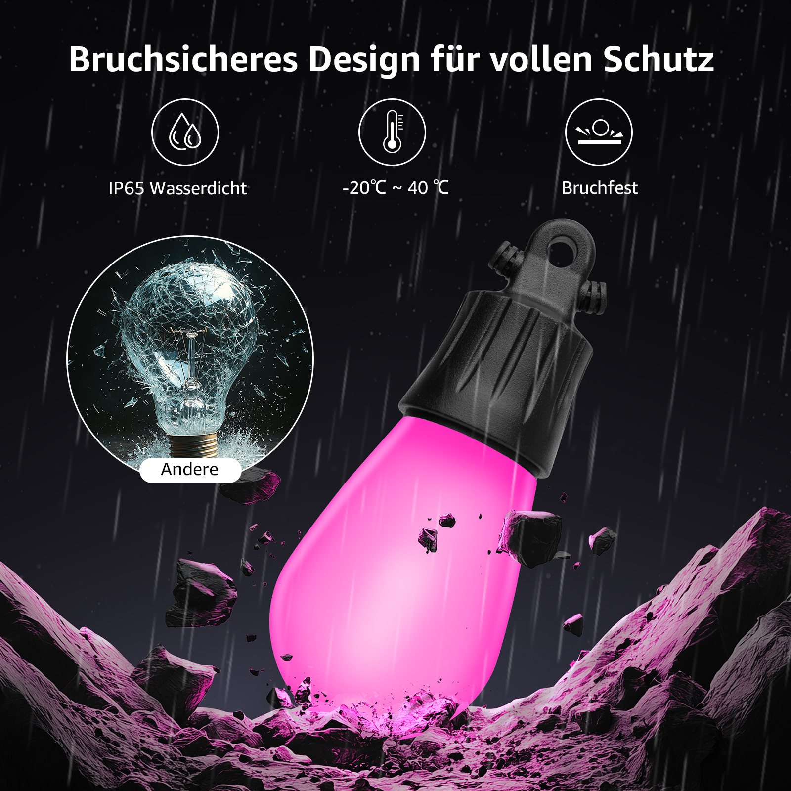 Lampadina rosa con effetti pioggia e icone di sicurezza, che mostra durata e resistenza all'acqua.