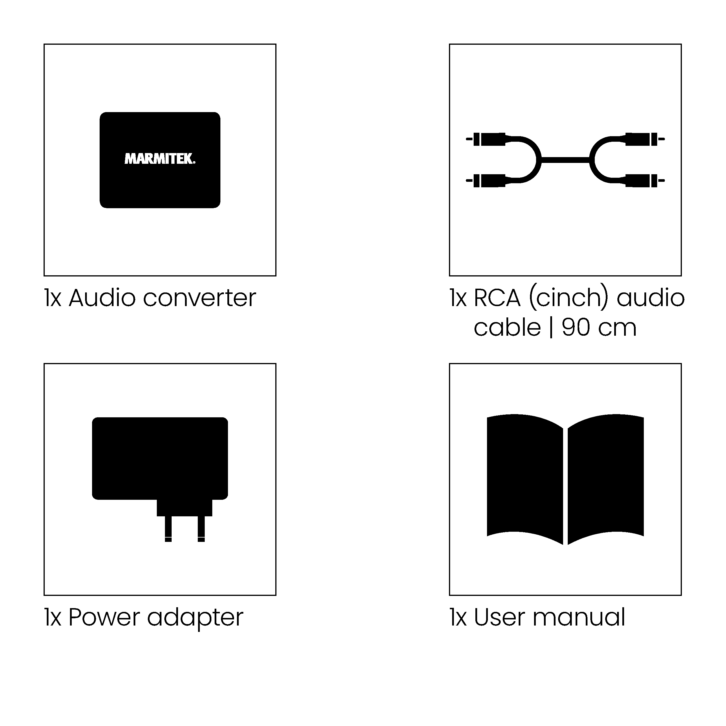 Quattro schede bianche con illustrazioni nere di connettori audio e di alimentazione e un manuale utente.