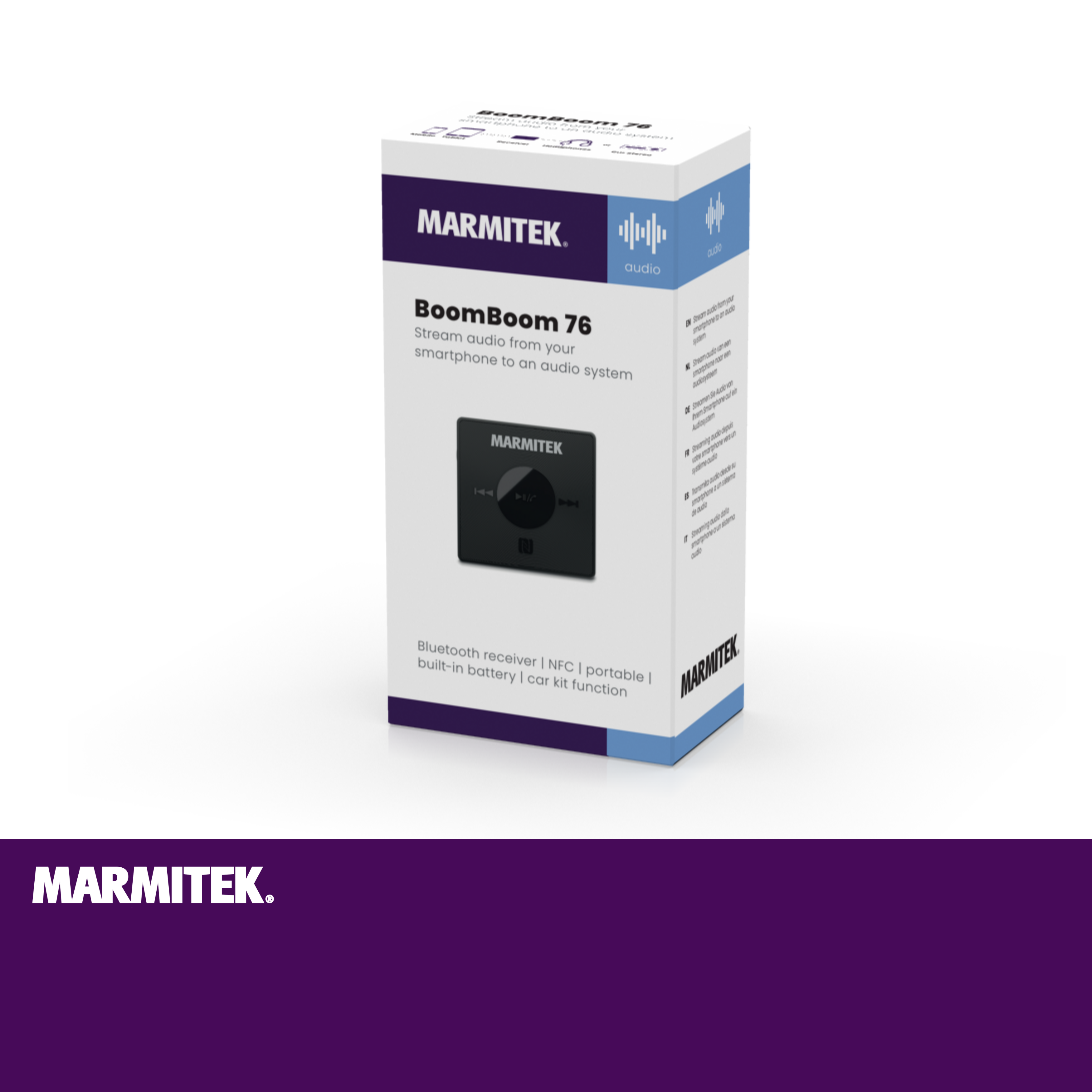 Una scatola con un dispositivo Marmitek BoomBoom 76, che mostra il prodotto e le sue caratteristiche.