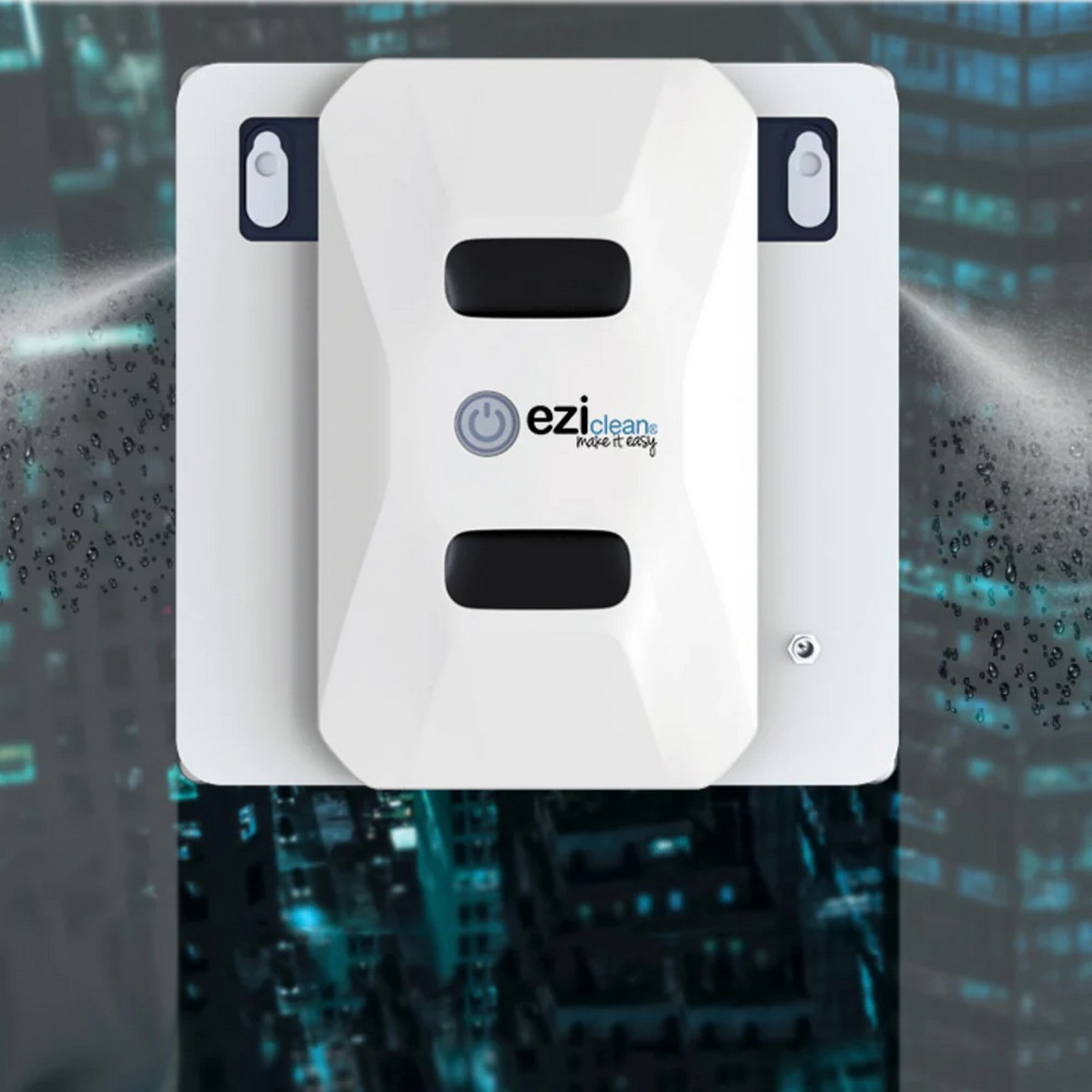 Biały robot do czyszczenia okien na oknie z tłem miasta i kroplami wody.