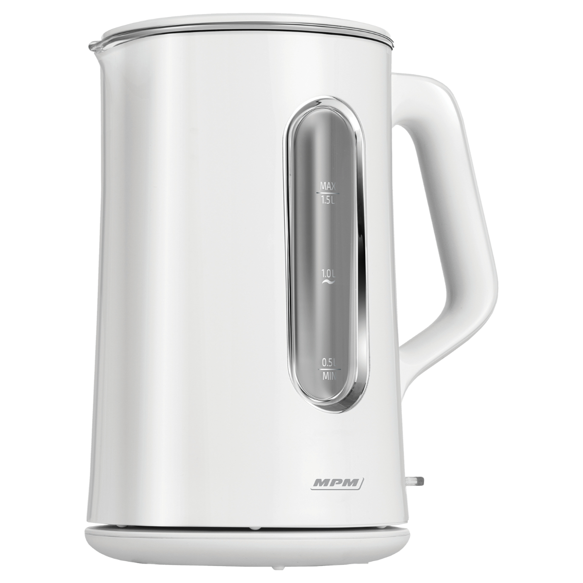 Bollitore elettrico bianco con manico e indicatore livello acqua su sfondo bianco.