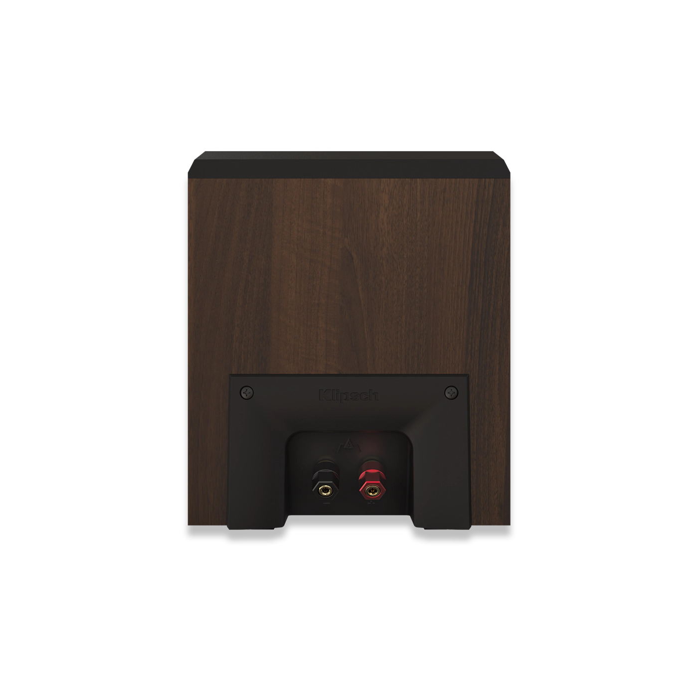 Vista posteriore di un altoparlante nero con pannello in legno e porte di connessione.