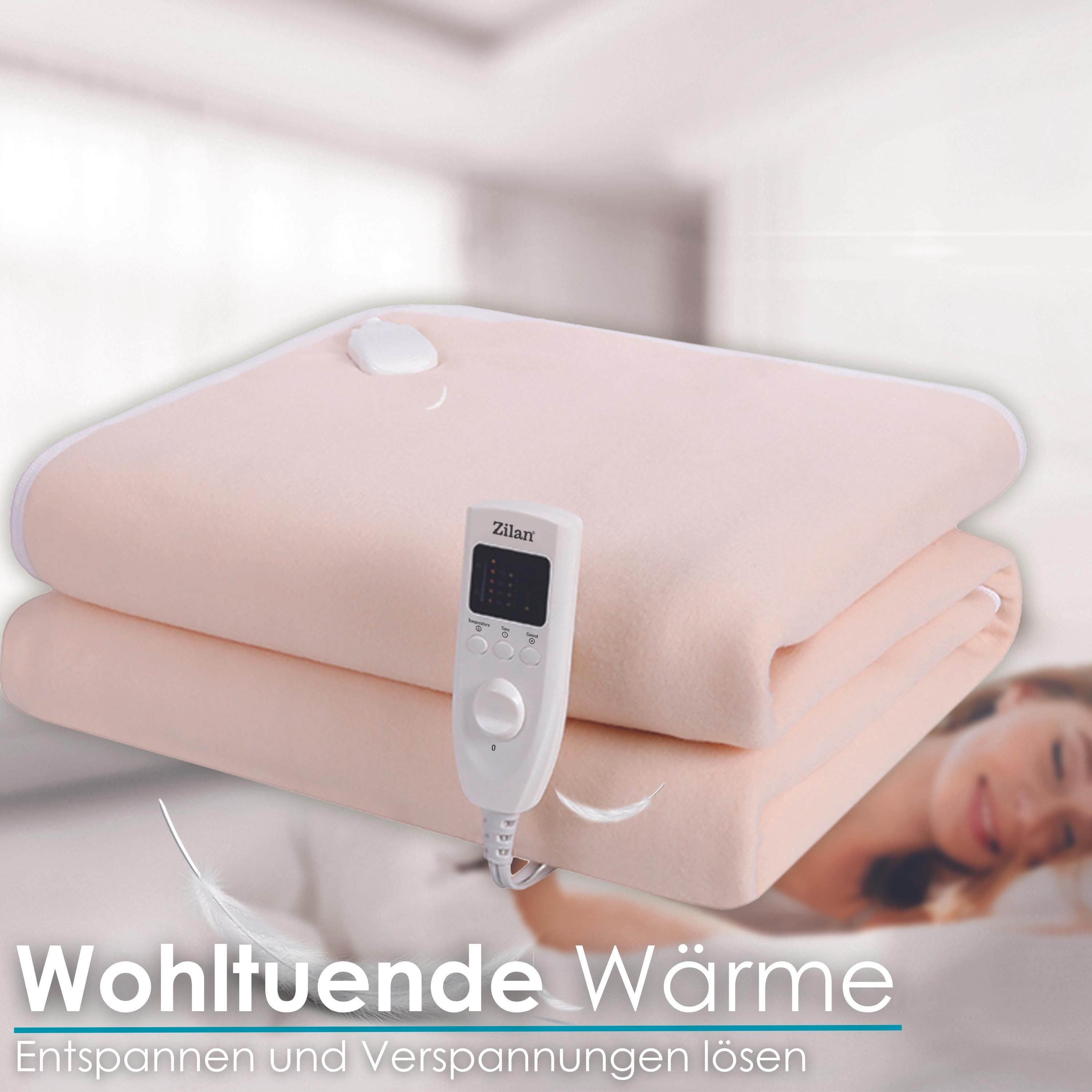Rosa elektrische Heizdecke mit weißer Steuerung und Text: 'Wohltuende Wärme'.