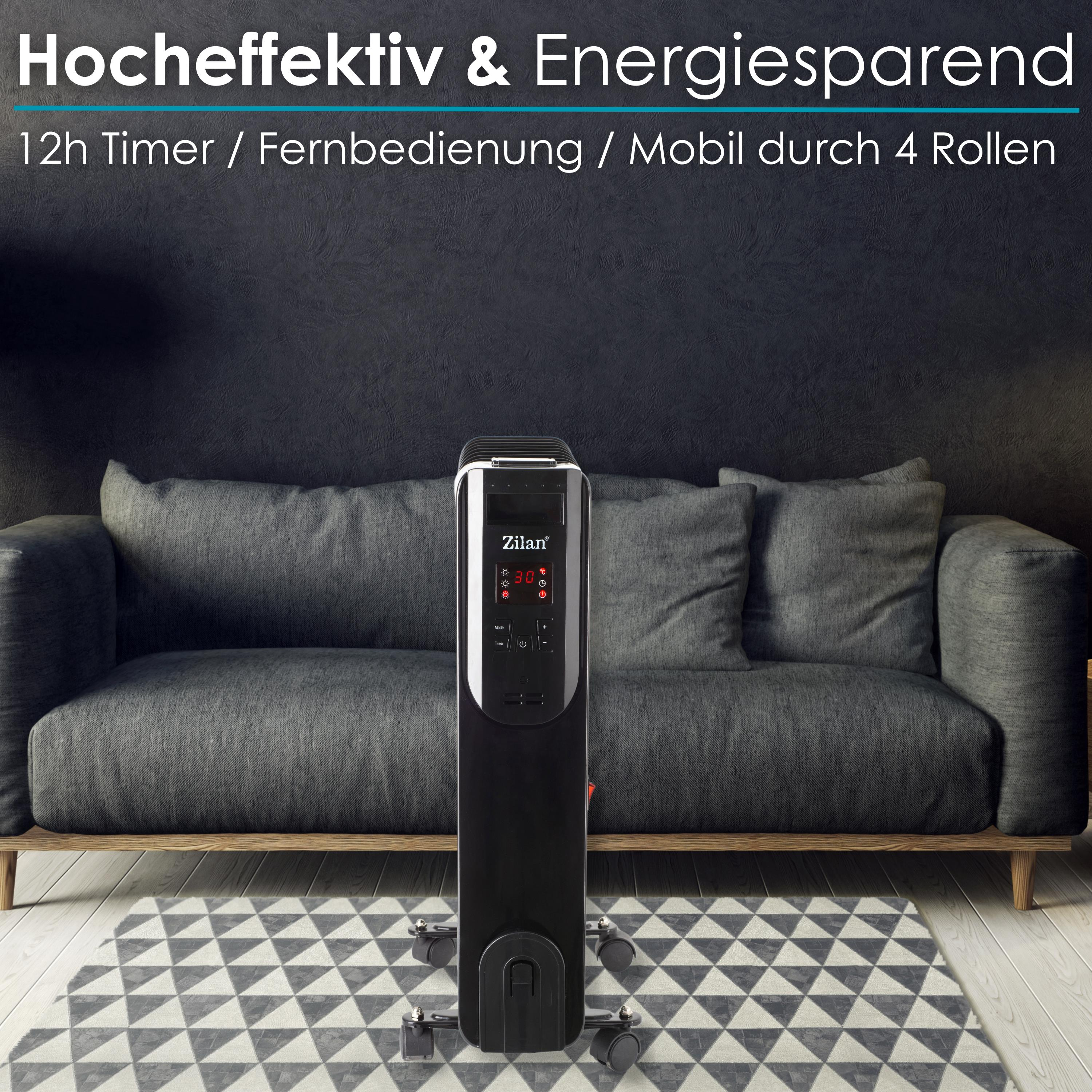Ein schwarzer Heizlüfter mit Digitalanzeige steht vor einem grauen Sofa auf einem gemusterten Teppich.