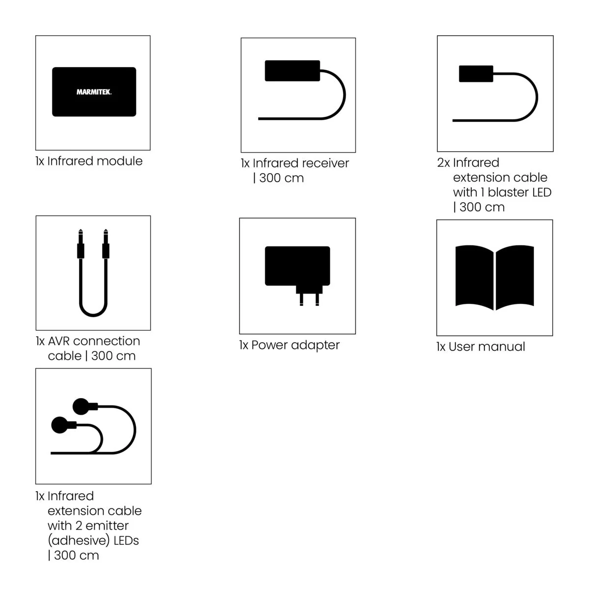 Zwart-wit diagrammen van elektronische componenten, inclusief kabels en modules. Witte achtergrond.