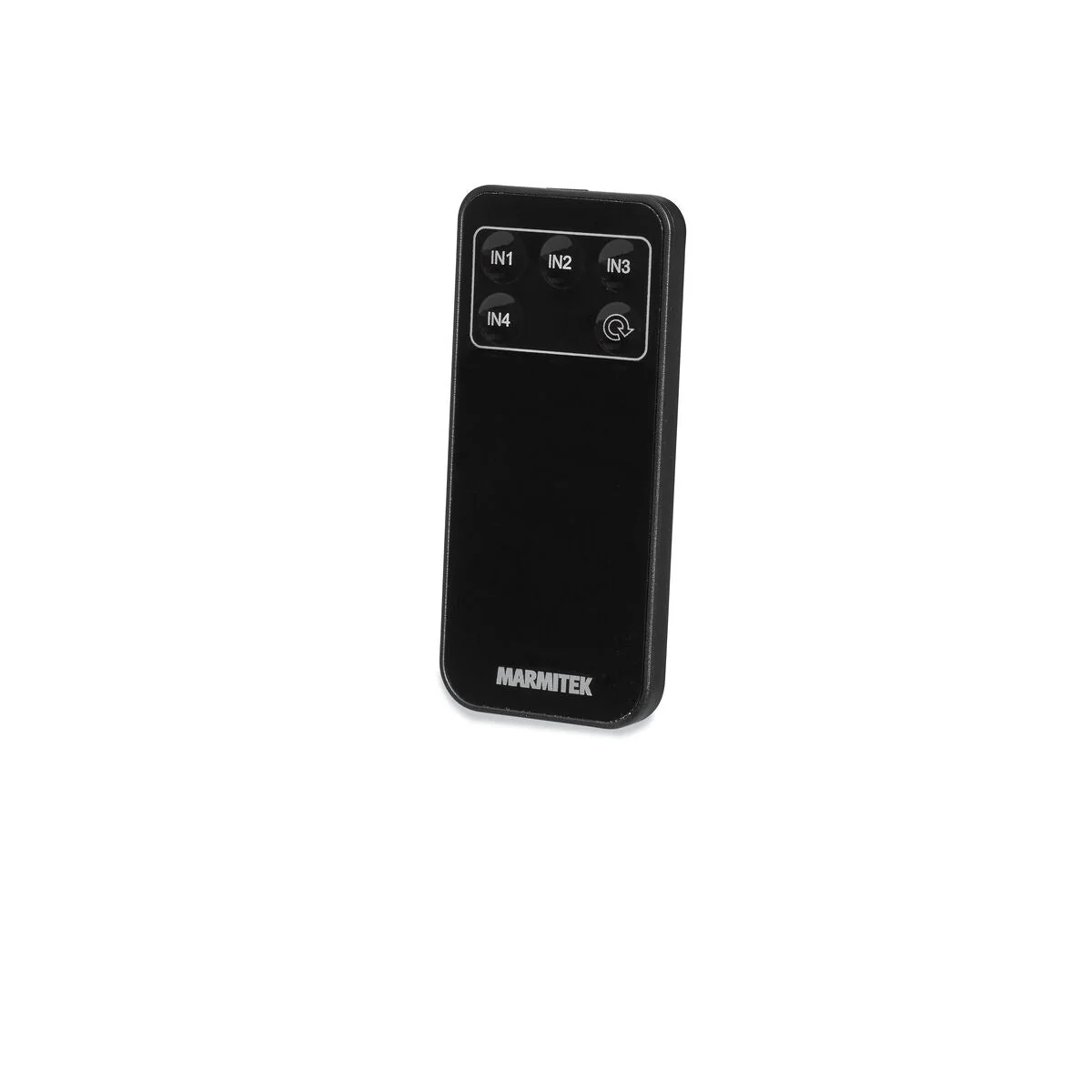 A black remote control with buttons labeled IN1 to IN4 and a MARMITEK logo.