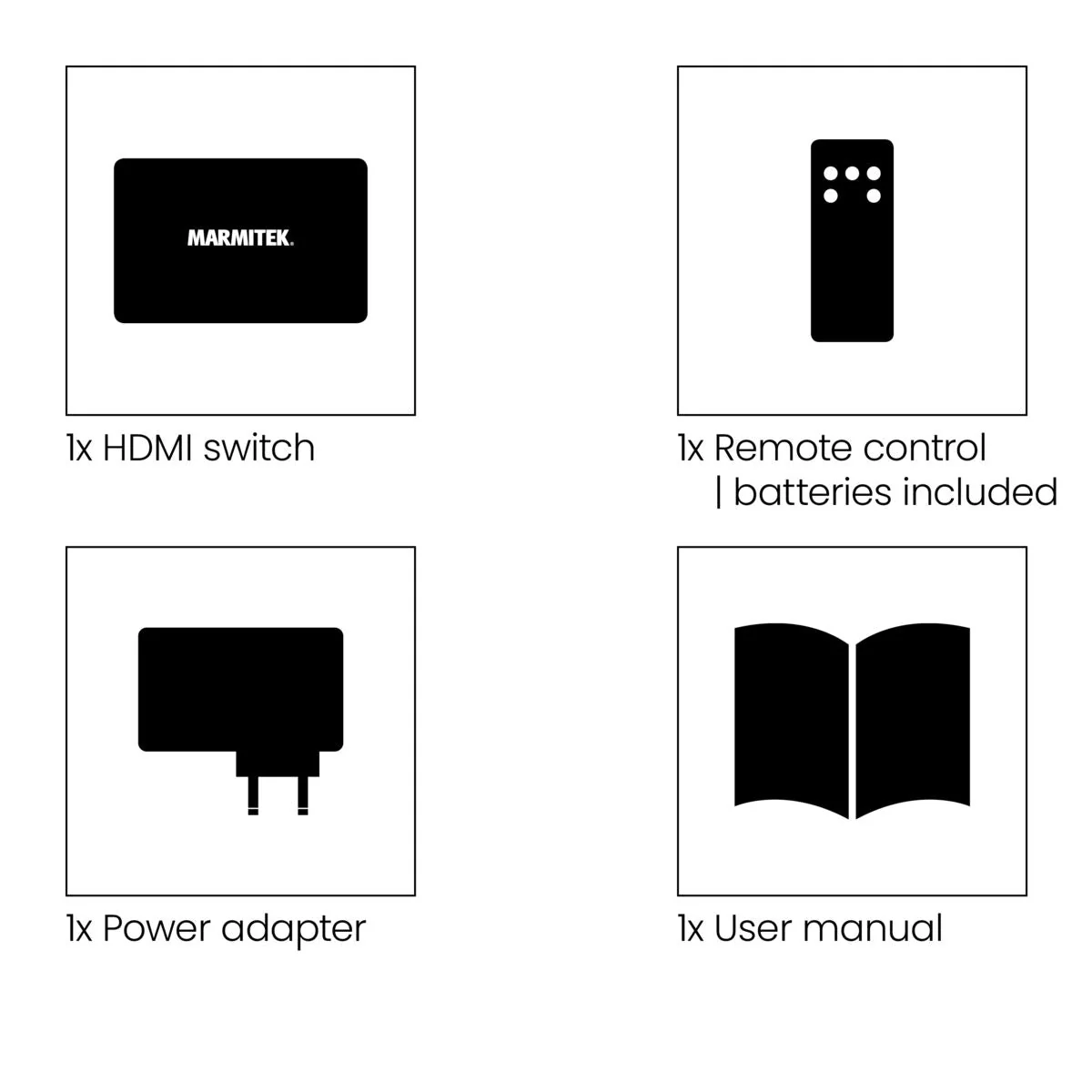 Four product boxes with text: HDMI switch, remote control, power adapter, and user manual.