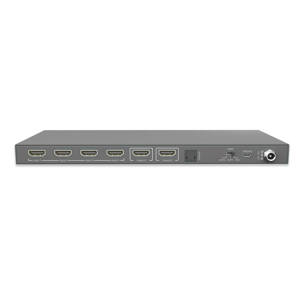 A black HDMI splitter with multiple input and output ports labeled, with a white background.