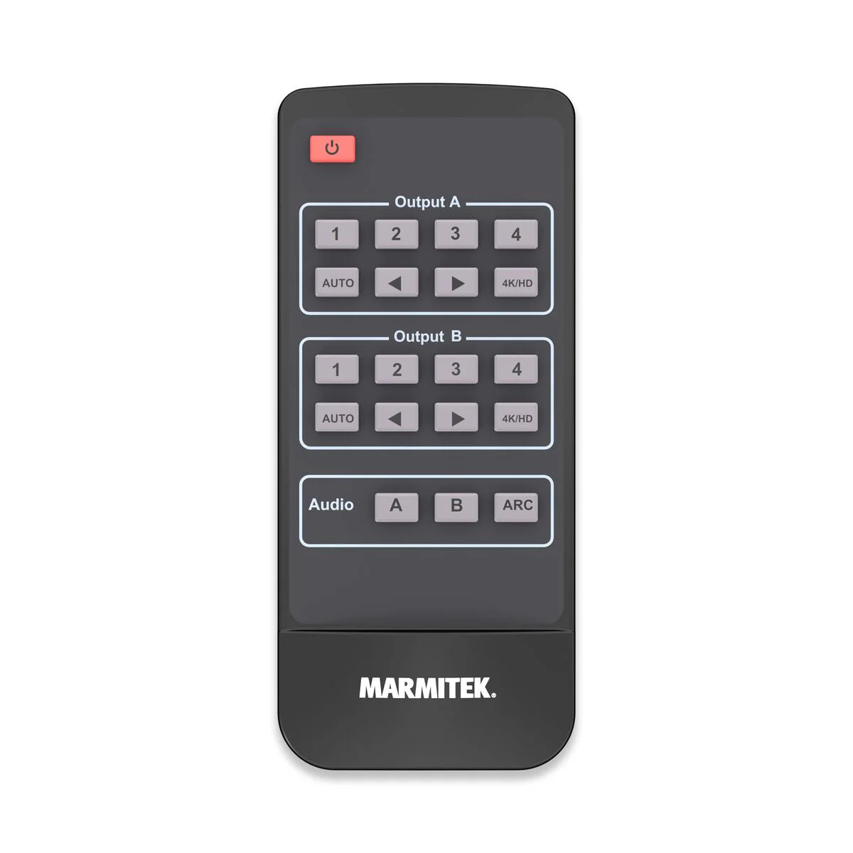 Black remote control with buttons for output selection and audio control.