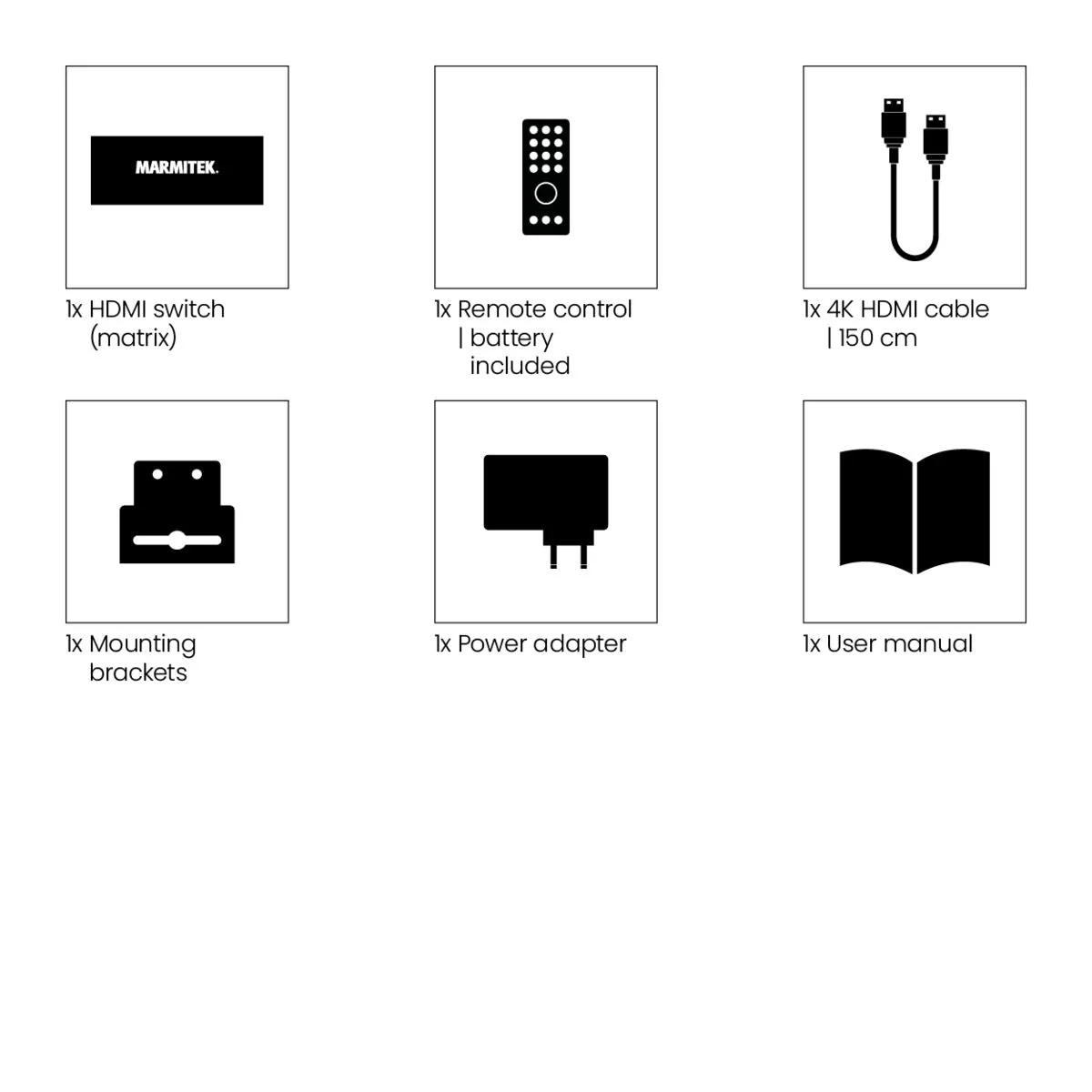 Diagram of HDMI switch components: switch, remote, cable, brackets, adapter, manual.