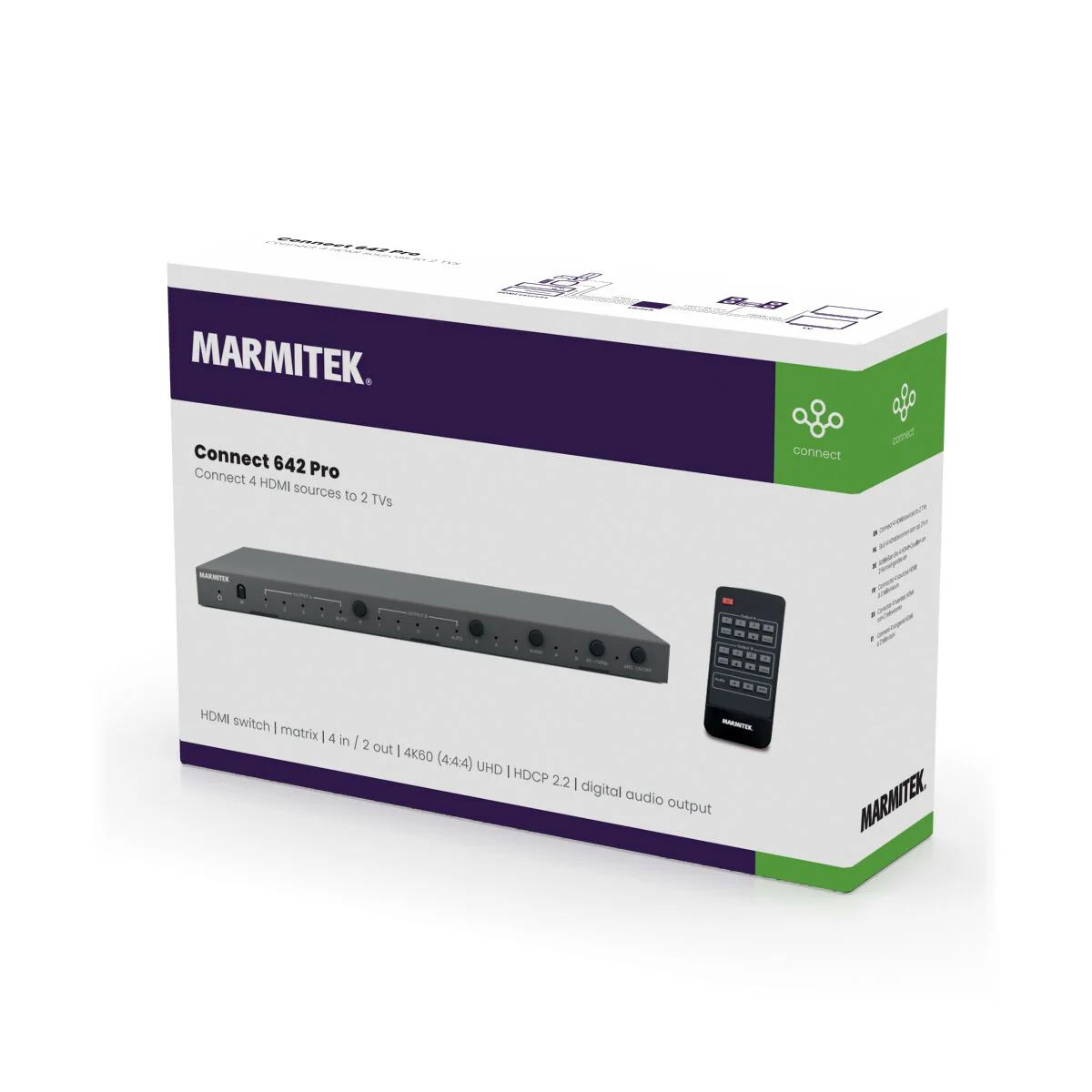 Box for a Marmitek Connect 642 Pro. Shows the device, remote, with text and a white background.
