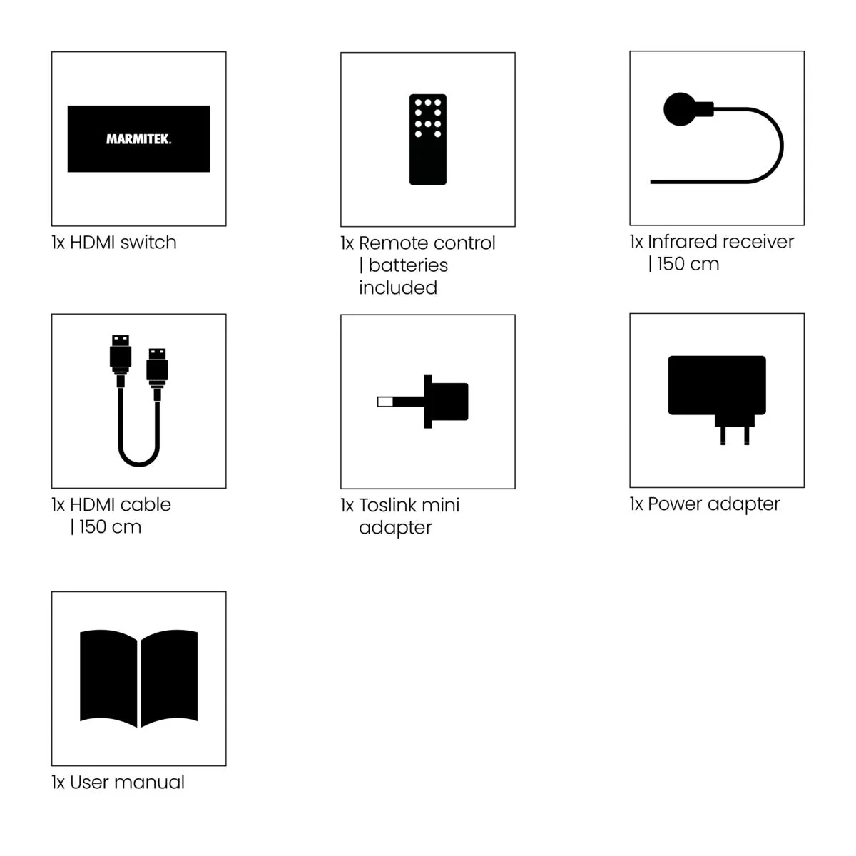 Schema di uno switch HDMI con accessori, inclusi cavi, adattatore, telecomando e manuale.