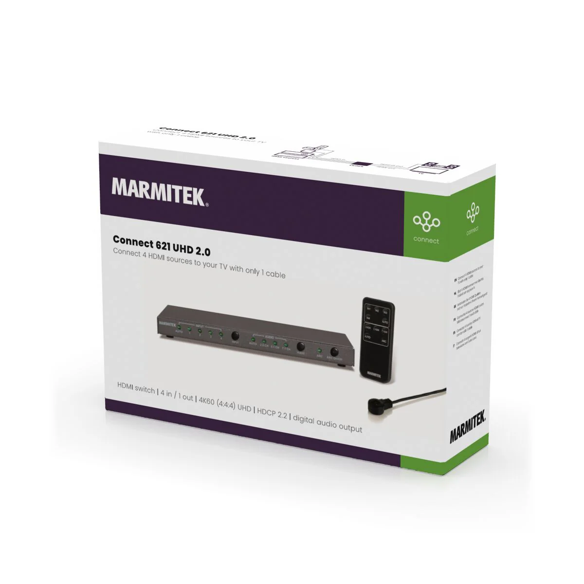 Scatola bianca con un commutatore HDMI nero e telecomando, etichettata "MARMITEK" e "Connect 621 UHD 2.0".