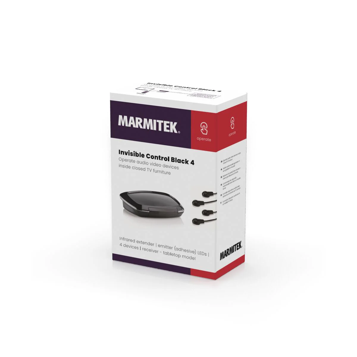 Una scatola del prodotto bianca e viola con testo MARMITEK e Invisible Control Black 4.