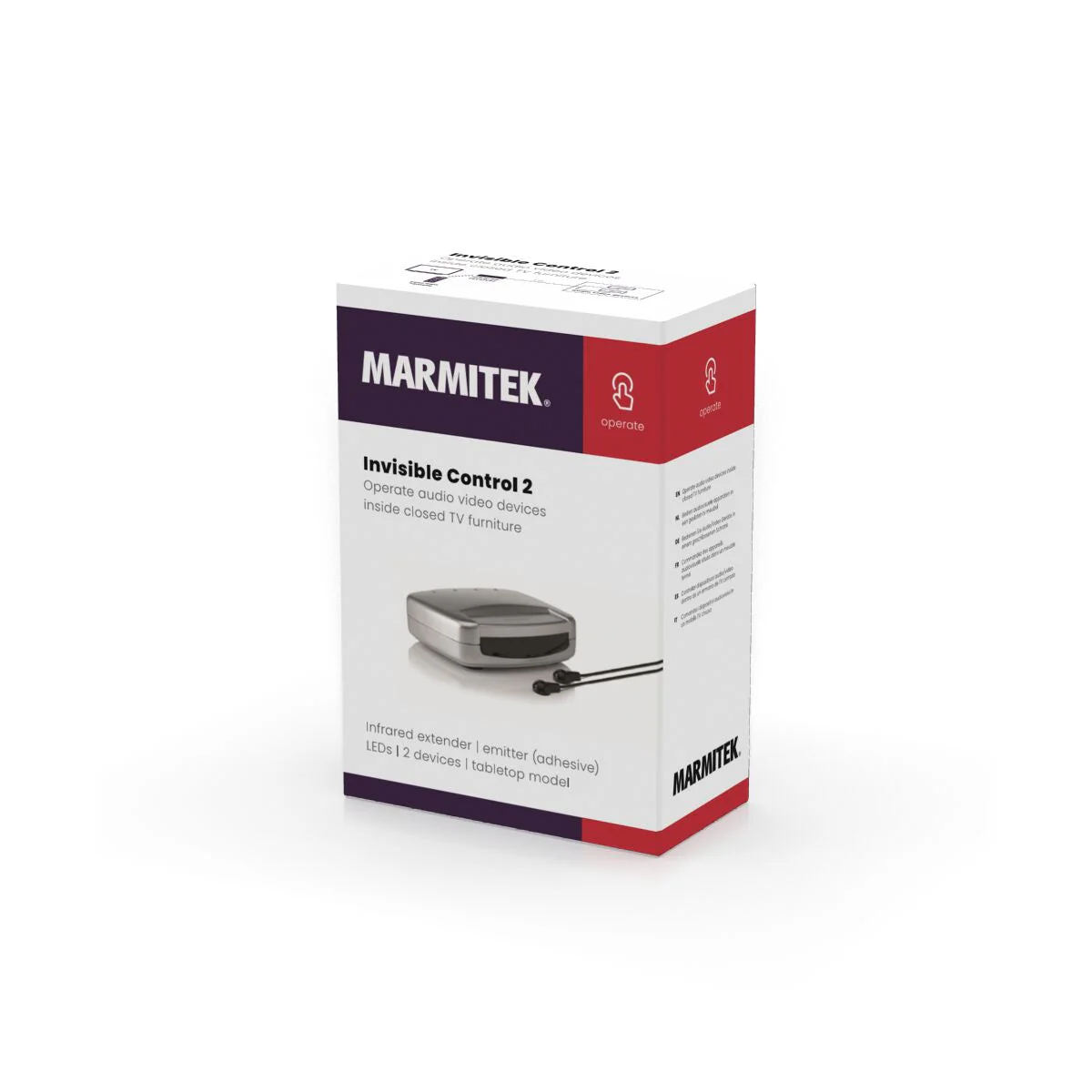 Scatola con etichetta 'MARMITEK', nome del prodotto e immagine del dispositivo con cavi neri.