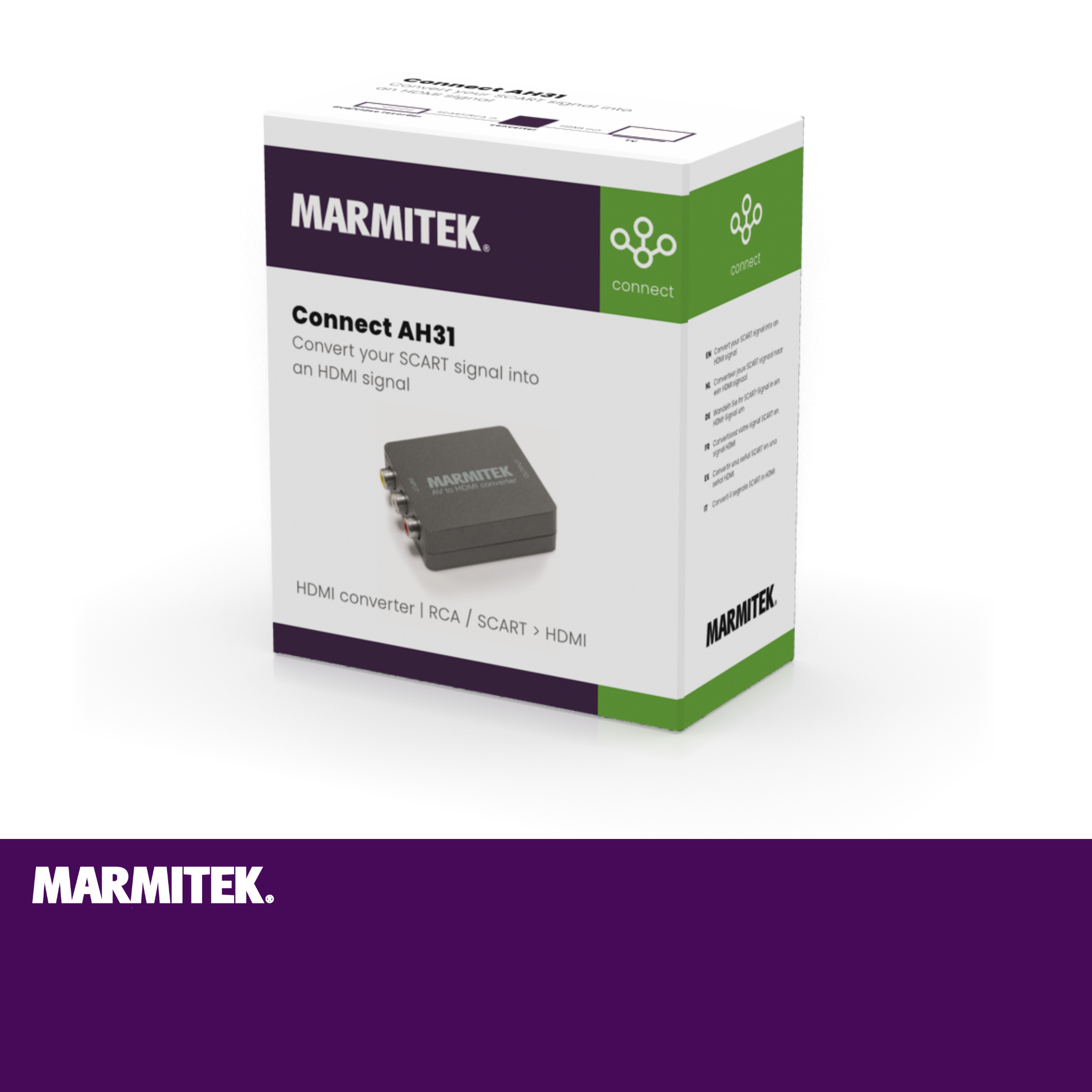 Scatola con logo Marmitek e dettagli del prodotto, su sfondo bianco.