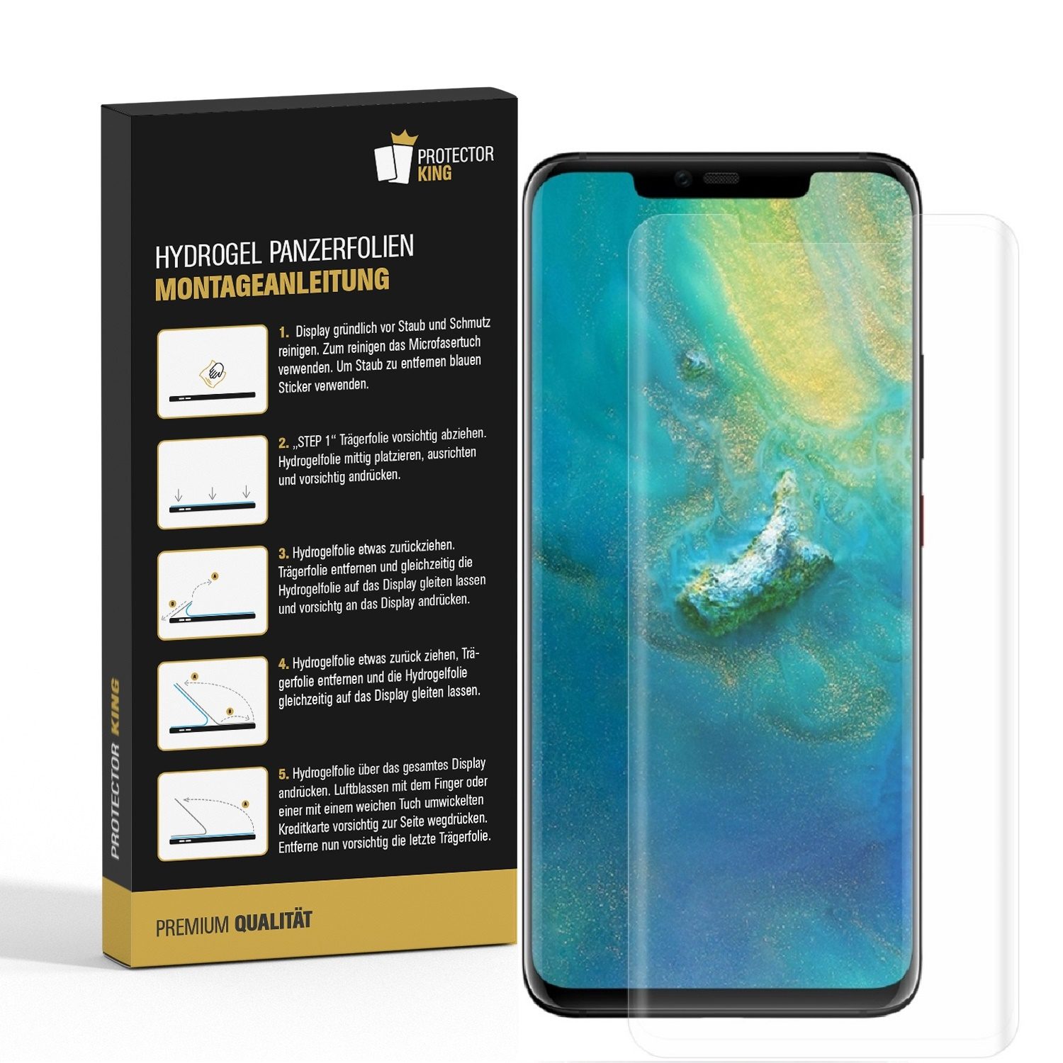 Telefon und Displayschutzbox mit Anweisungen, Telefon rechts.