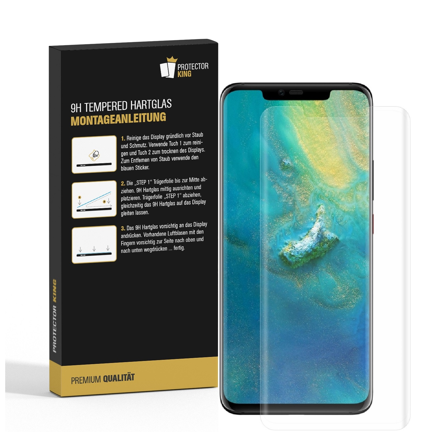 Telefon und Displayschutzbox mit Anweisungen, Telefon rechts.
