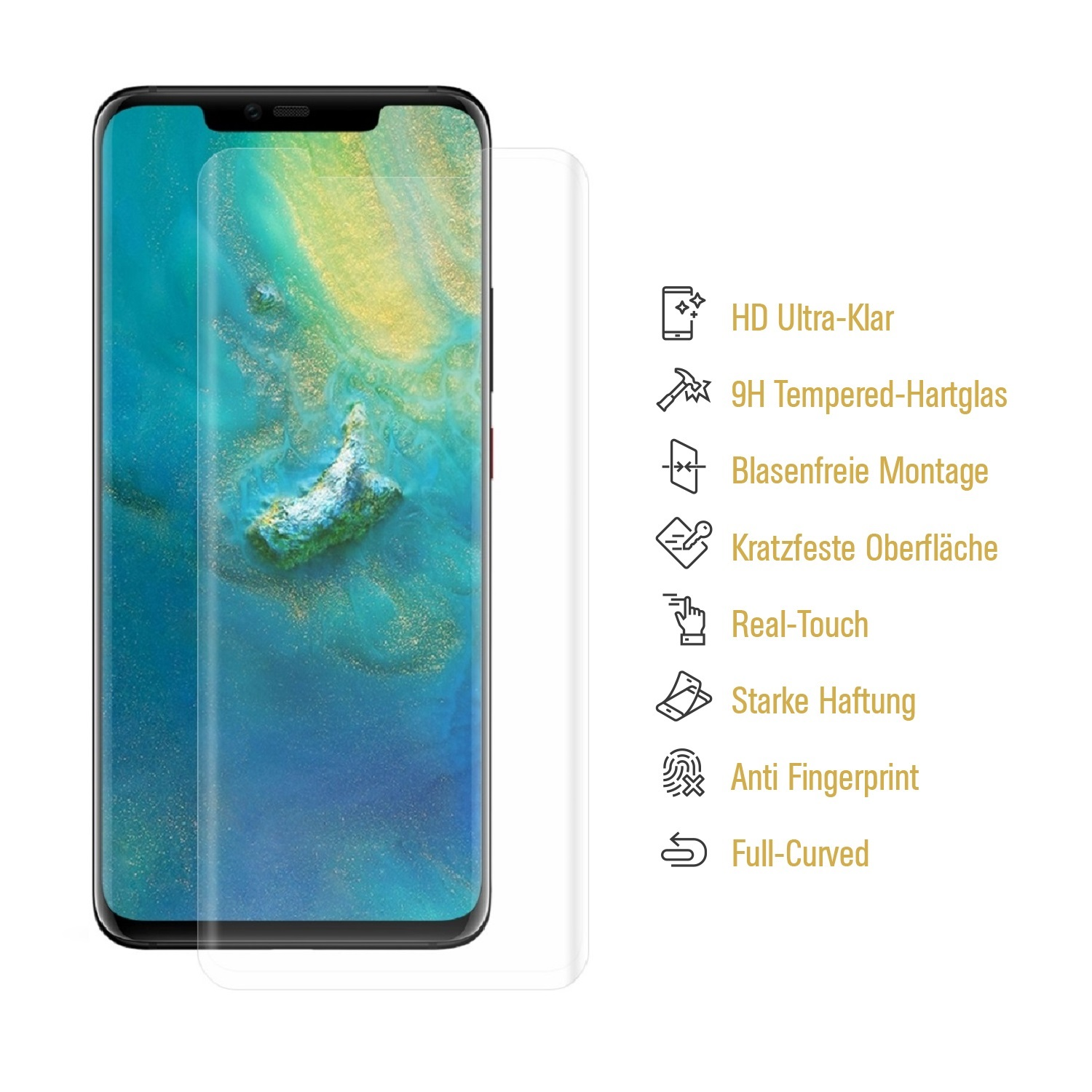 Smartphone mit Displayschutzfolie und Symbolen, die Funktionen beschreiben: HD, 9H, Anti-Fingerprint.