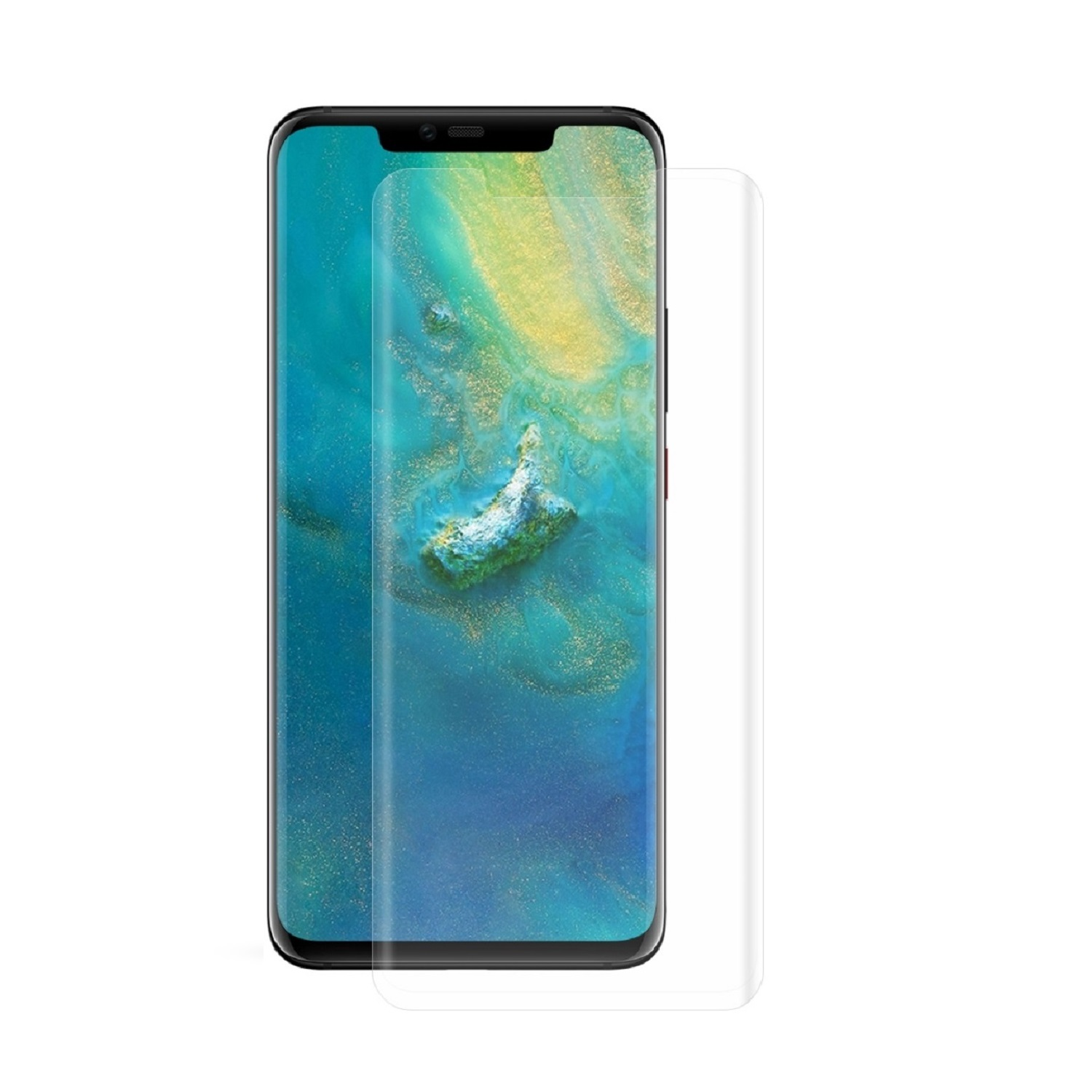 Ein Smartphone mit einem Displayschutz daneben. Das Telefon hat einen lebendigen Hintergrund, der Schutz ist klar.