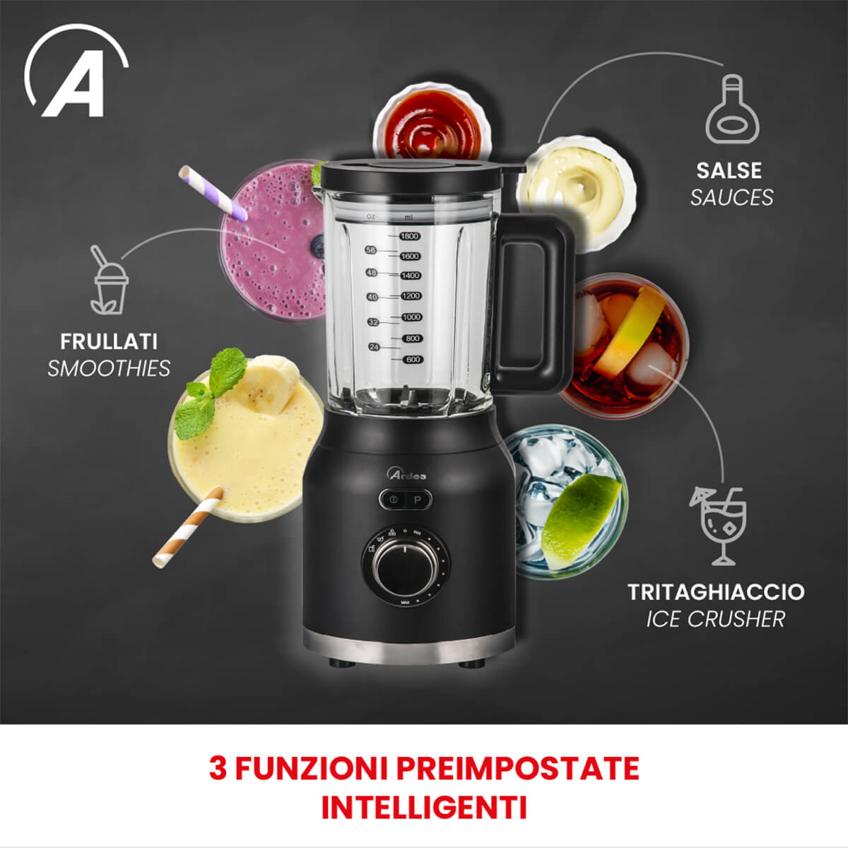 Un frullatore con diversi frullati e salse intorno, su una superficie nera.