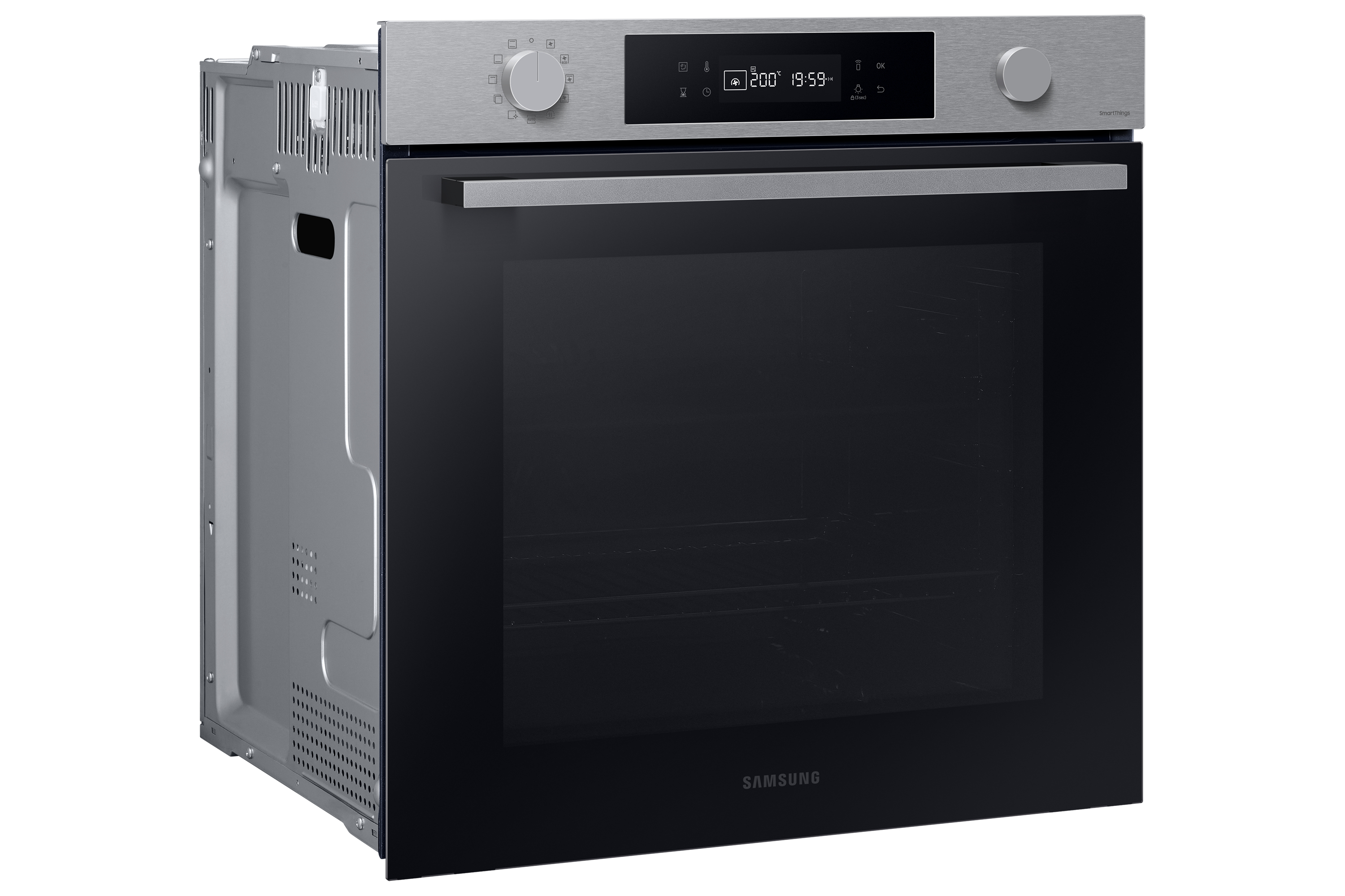 Forno a incasso con porta nera, finiture argentate e display digitale.