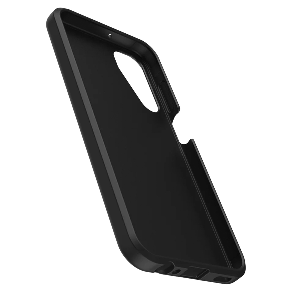 Een zwarte telefoonhoes, met een binnenkant en een glad oppervlak.