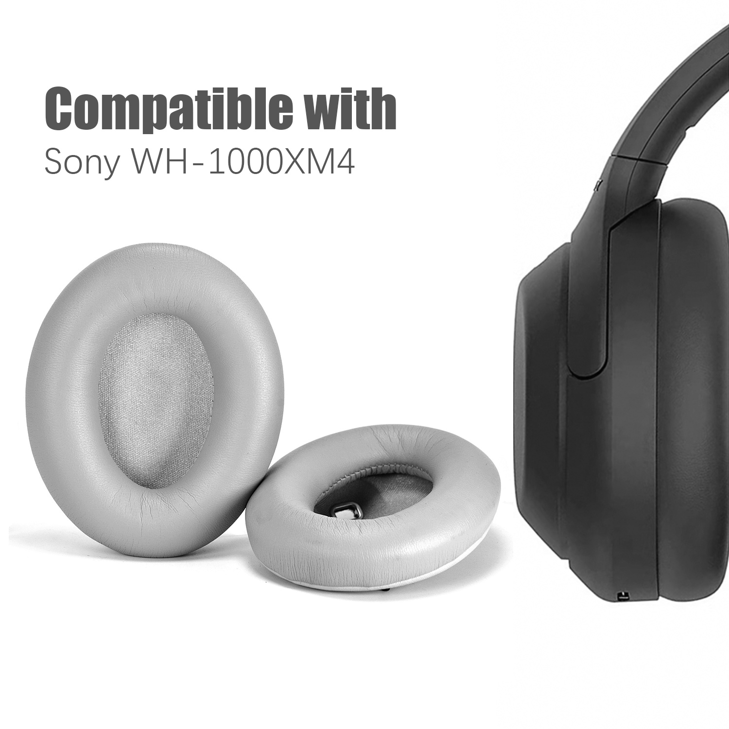 Nauszniki do słuchawek obok czarnych słuchawek, tekst: Kompatybilny z Sony WH-1000XM4.