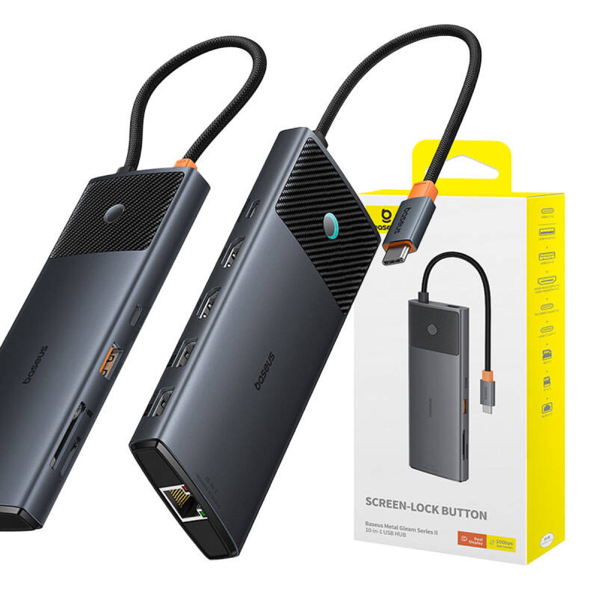 Zwei schwarze USB-Hubs mit mehreren Anschlüssen und ein gelb umrandetes Produkt auf weißem Hintergrund.