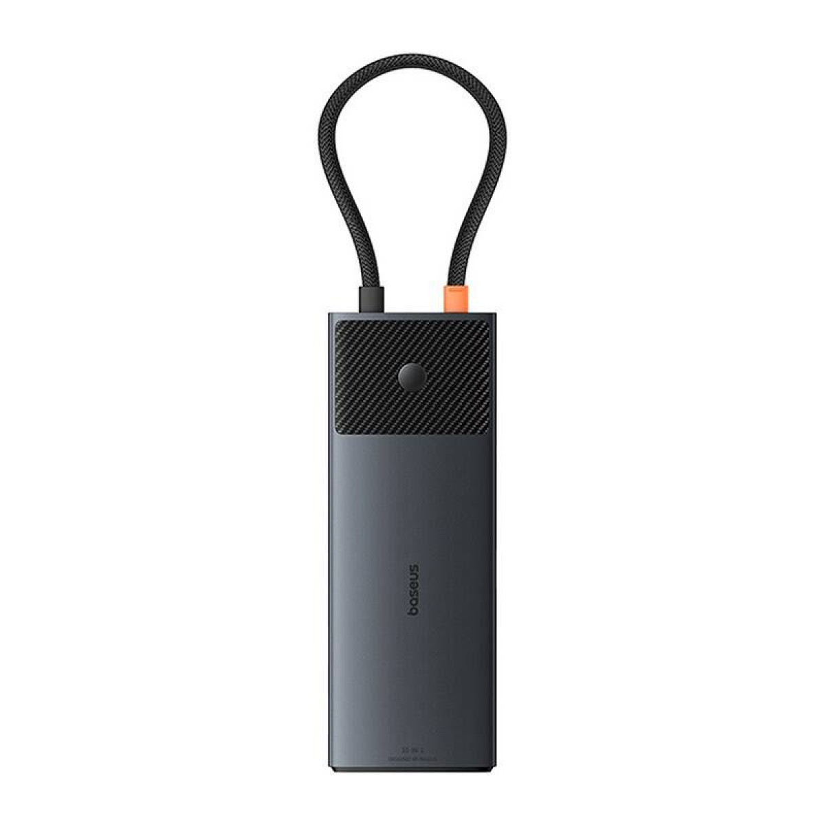 Schwarze Ladestation mit Kabel. Schwarze und orangefarbene Akzente. Weißer Hintergrund.