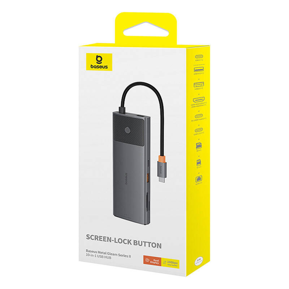 Baseus USB-Hub in gelber Box. Hub ist grau mit Anschlüssen und Kabel.