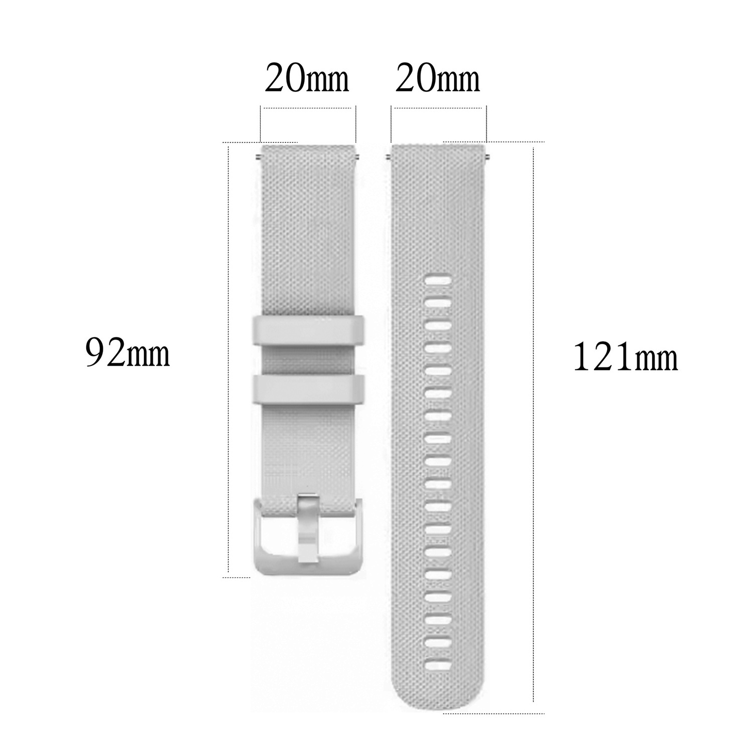 Zwei Uhrenarmbänder mit Maßen. Eines ist 20 mm breit und 92 mm lang. Das andere ist 121 mm lang.