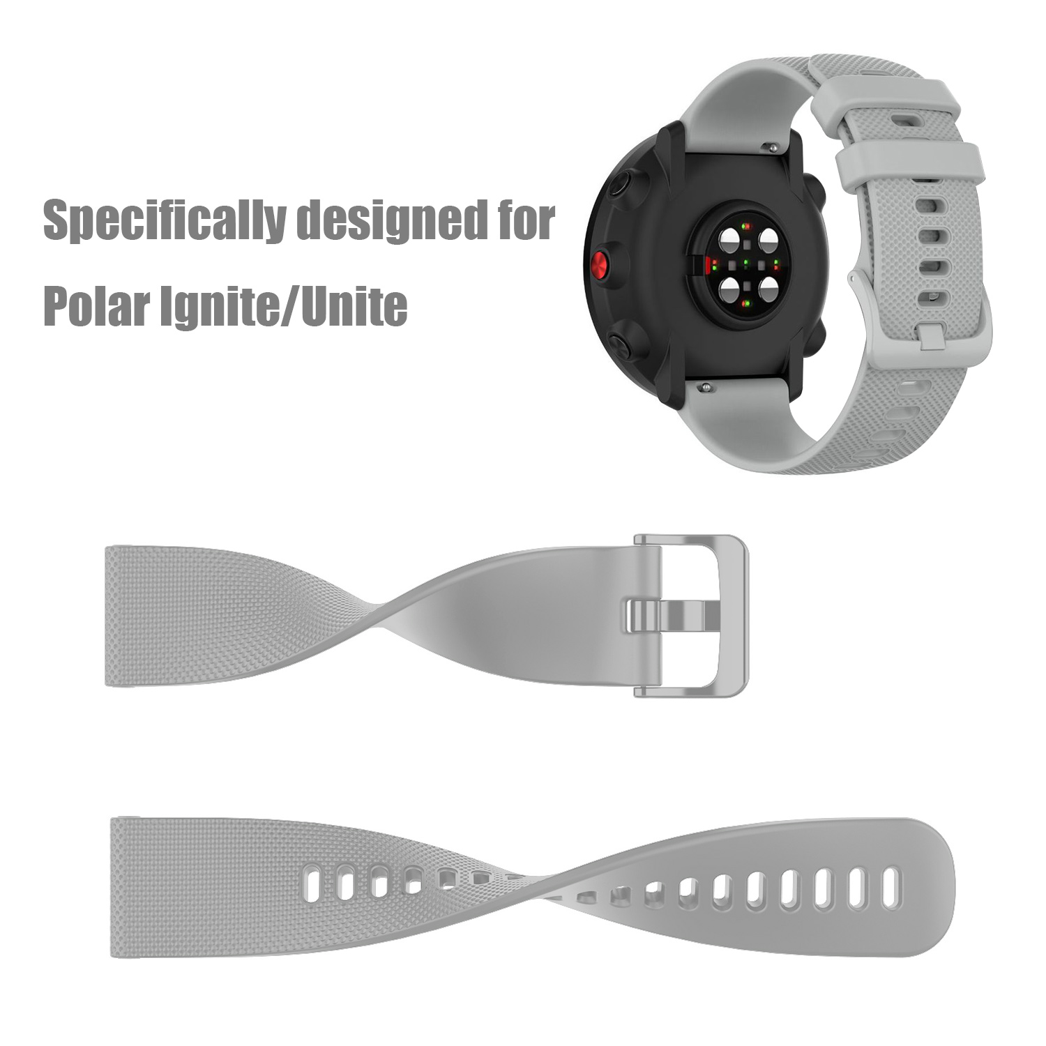Uhr mit grauem Armband und zwei abgenommenen Bandteilen. Text: Speziell für Polar Ignite/Unite.