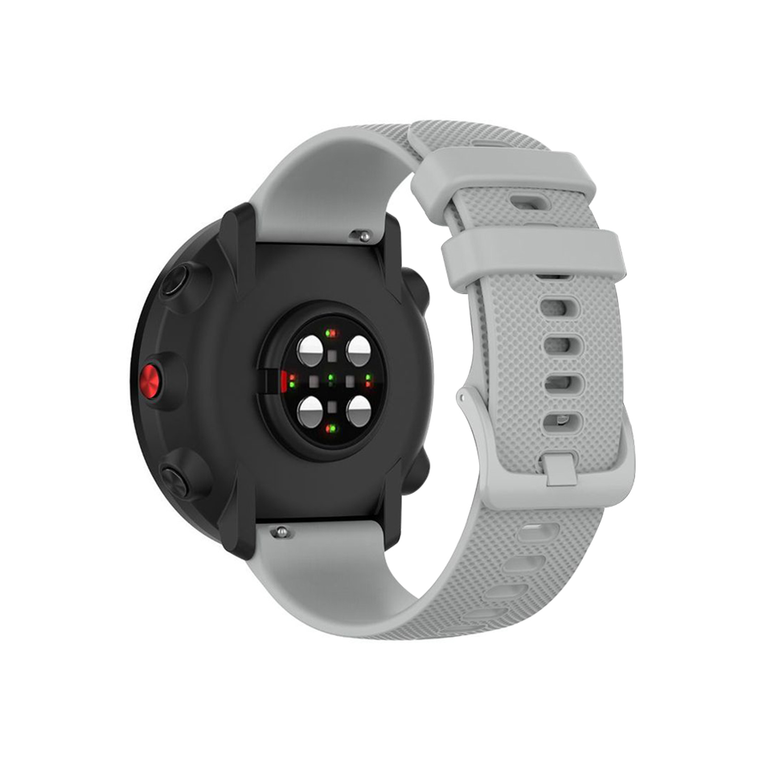 Eine Smartwatch mit grauem Armband und schwarzem Zifferblatt, die die Rückseite des Geräts zeigt.