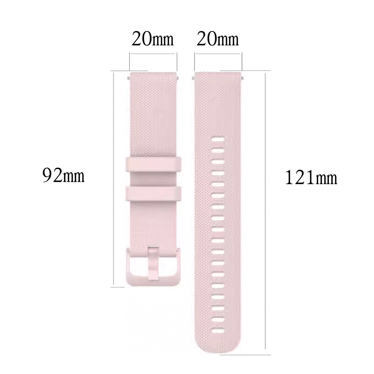 Rosa Uhrenarmband mit Maßen. Zwei Teile, eines mit Schnalle und eines mit Löchern.