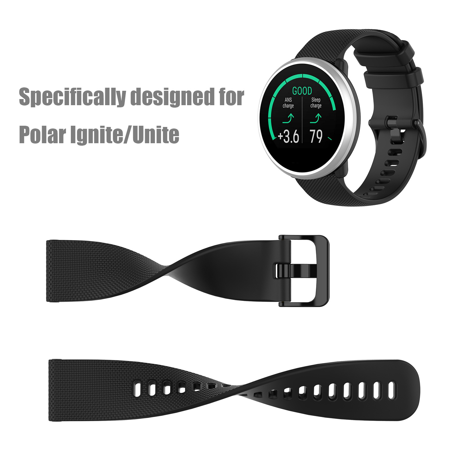 Eine schwarze Smartwatch und ein Armband. Text: Speziell für Polar Ignite/Unite entwickelt.
