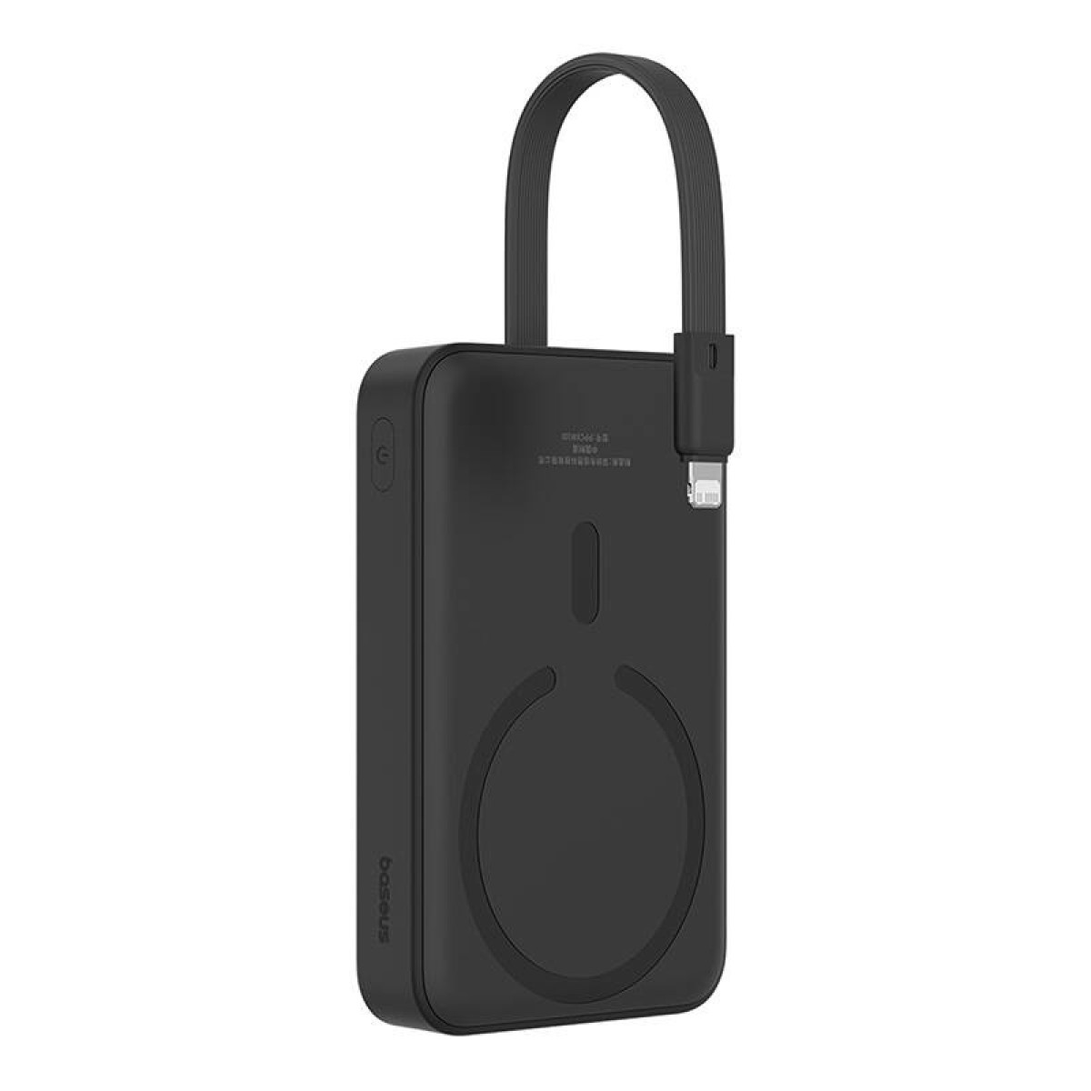Cargador portátil negro con bucle y puerto de carga, con círculo magnético en la parte trasera.