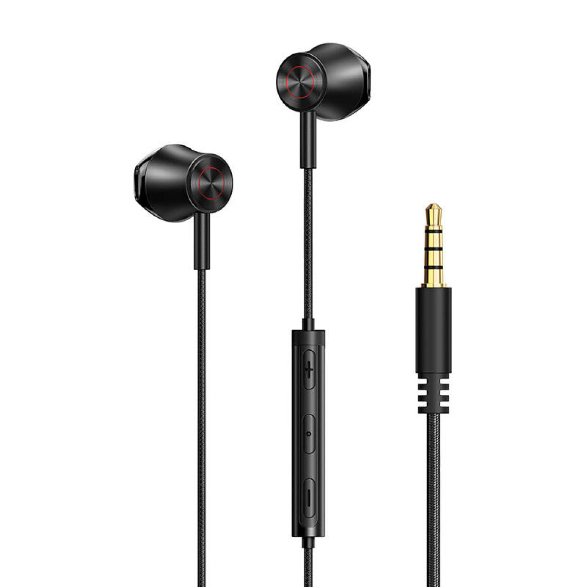 Schwarze Kopfhörer mit rotem Akzent am Kopf, Lautstärkeregler und 3,5-mm-Klinke.