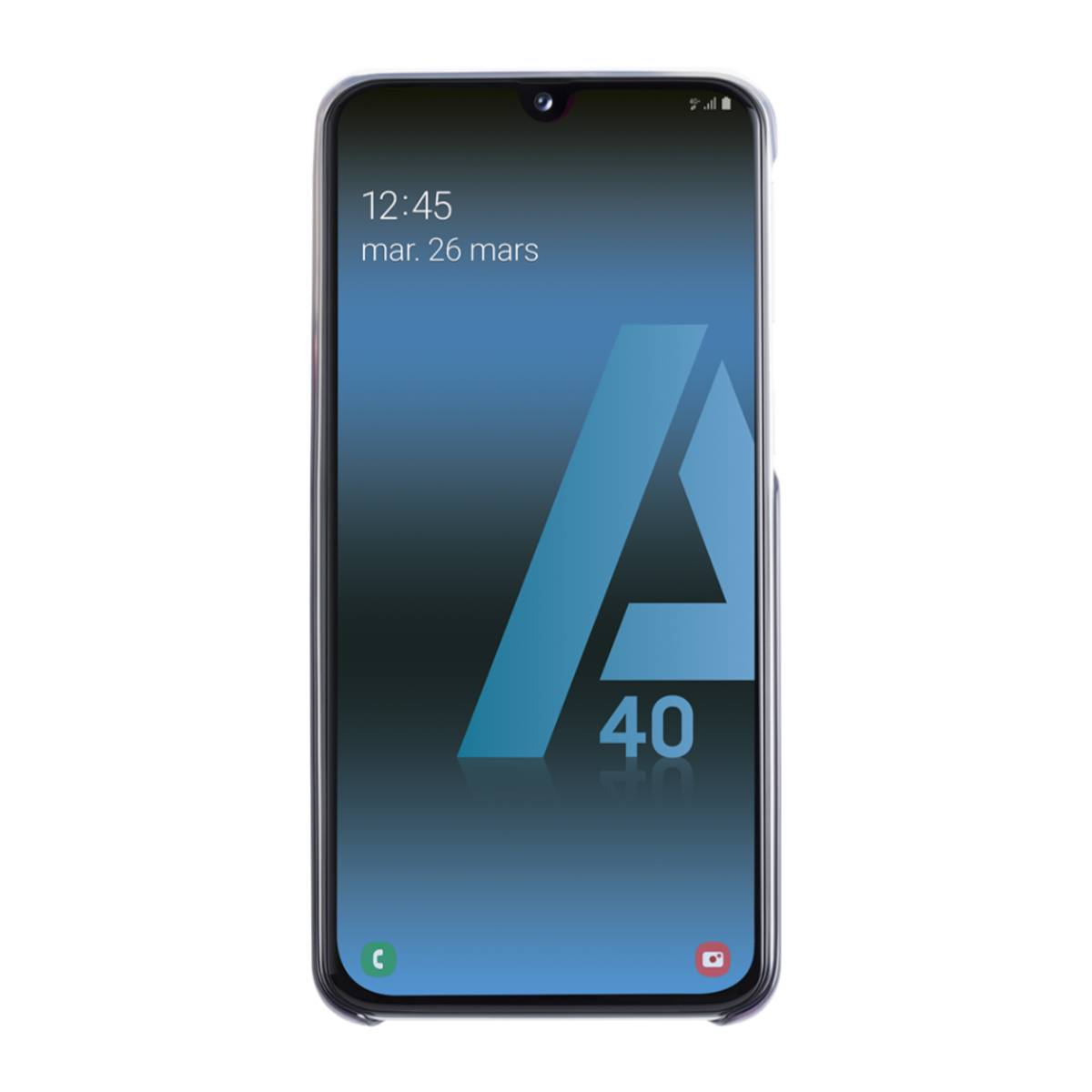 Un telefono Samsung che mostra un display blu e bianco con la lettera A e il numero 40.